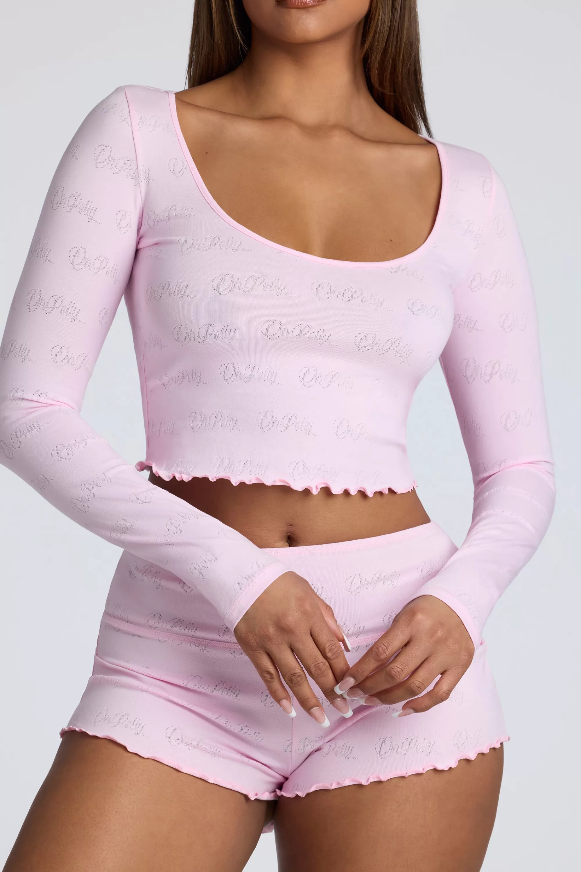 Oh Polly Long Sleeve Scoop Neck Pointelle Crop Top in Baby Pink BabyPink Best