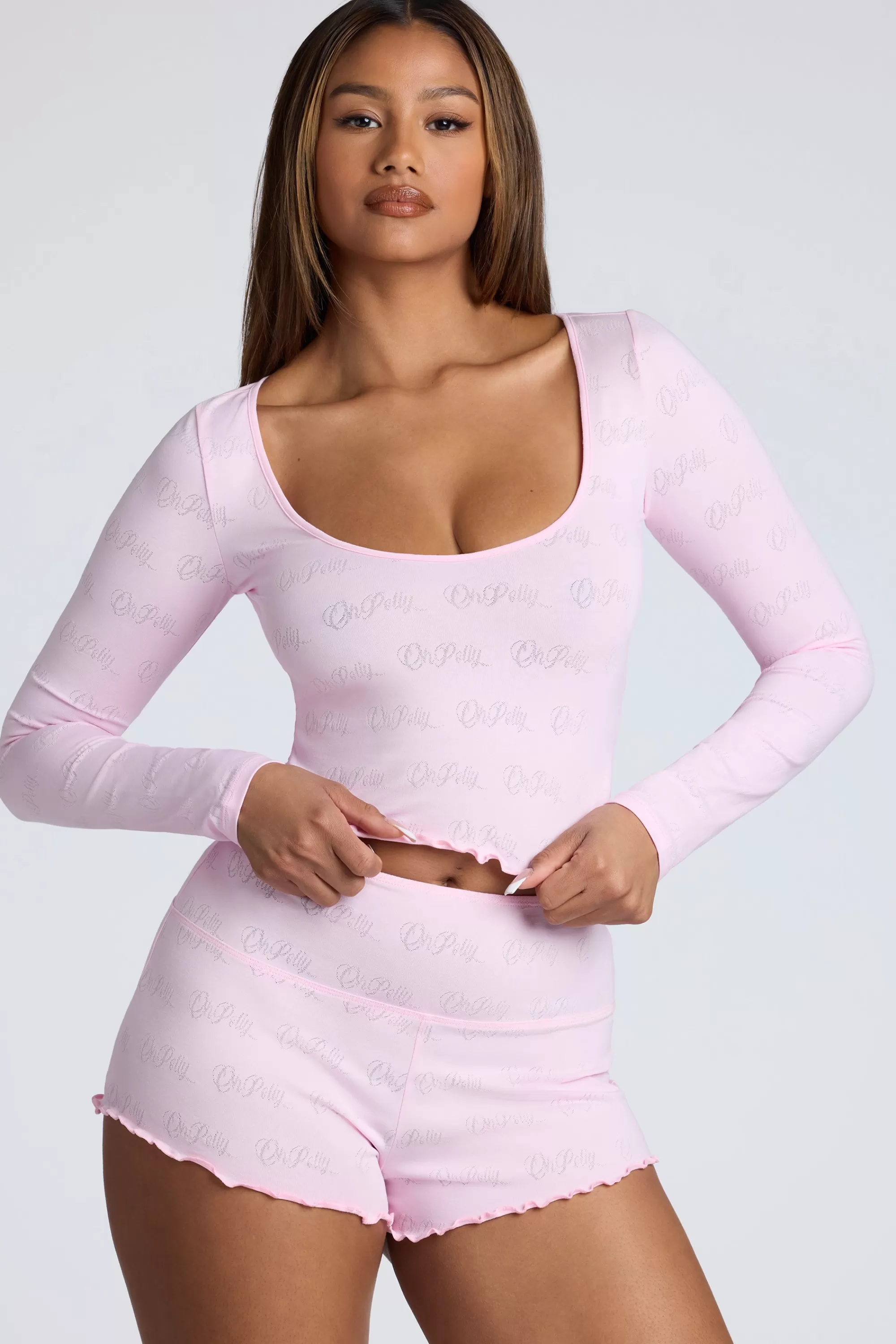 Oh Polly Long Sleeve Scoop Neck Pointelle Crop Top in Baby Pink BabyPink Best
