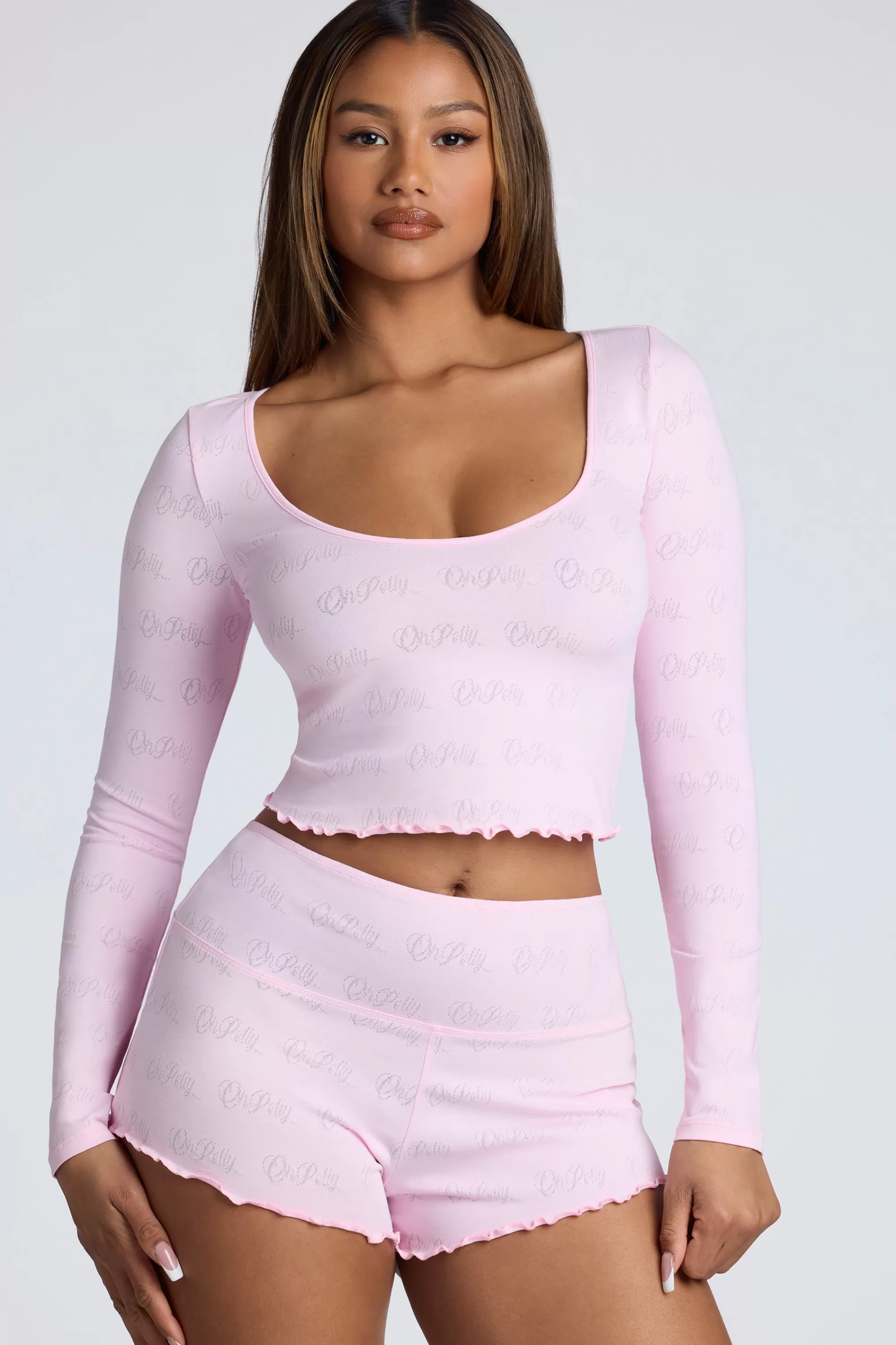 Oh Polly Long Sleeve Scoop Neck Pointelle Crop Top in Baby Pink BabyPink Best