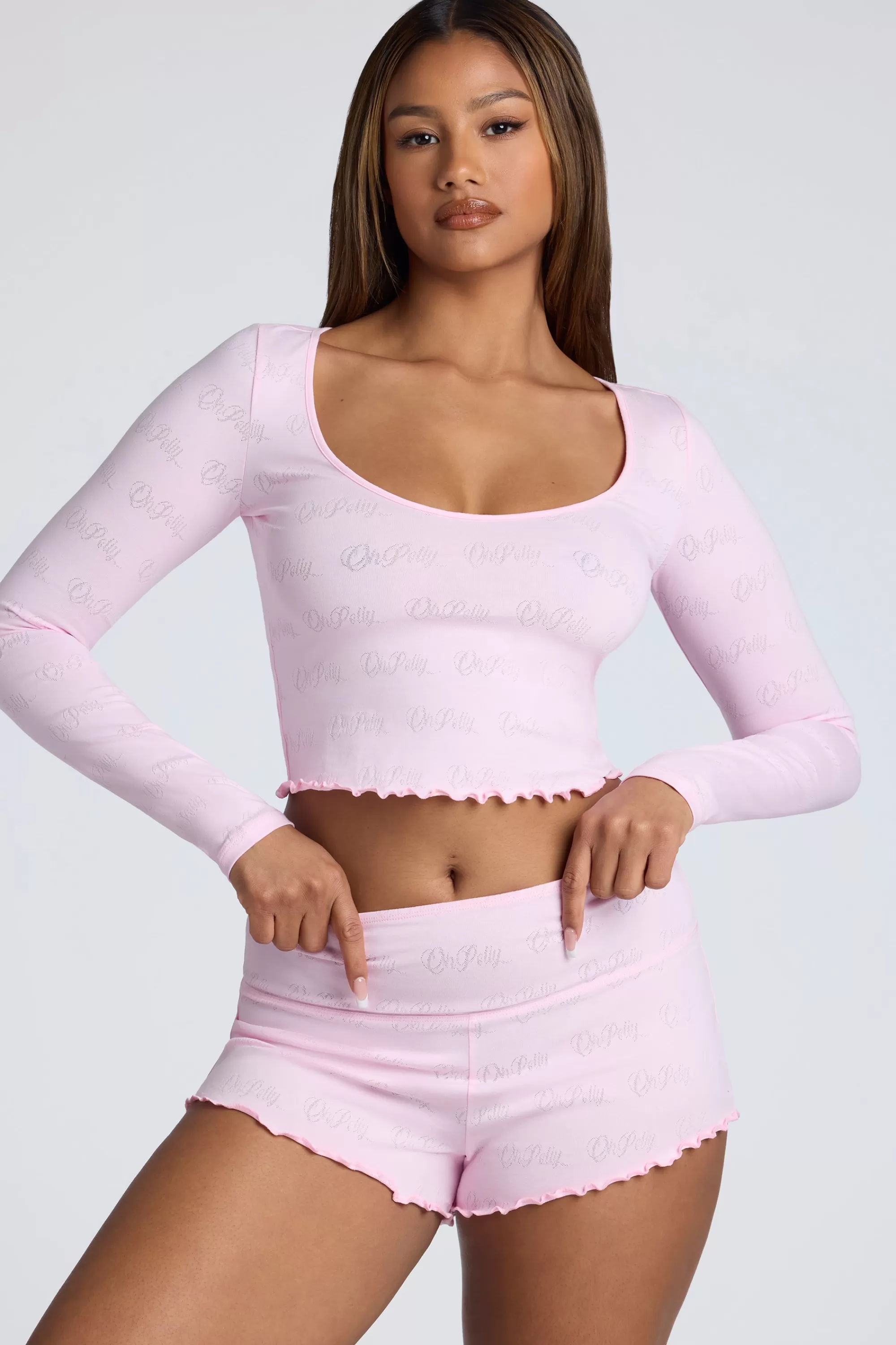 Oh Polly Long Sleeve Scoop Neck Pointelle Crop Top in Baby Pink BabyPink Best