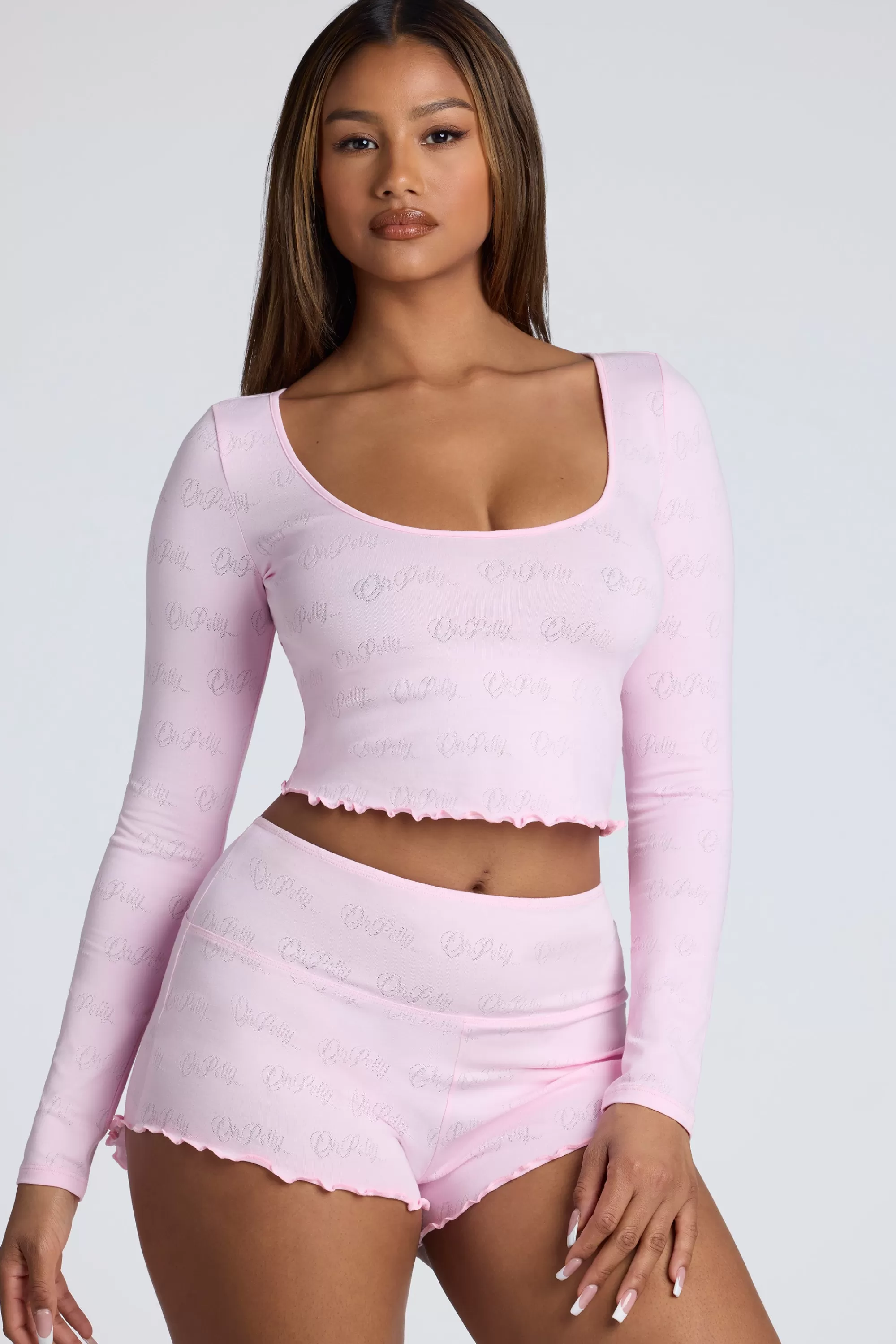 Oh Polly Long Sleeve Scoop Neck Pointelle Crop Top in Baby Pink BabyPink Best