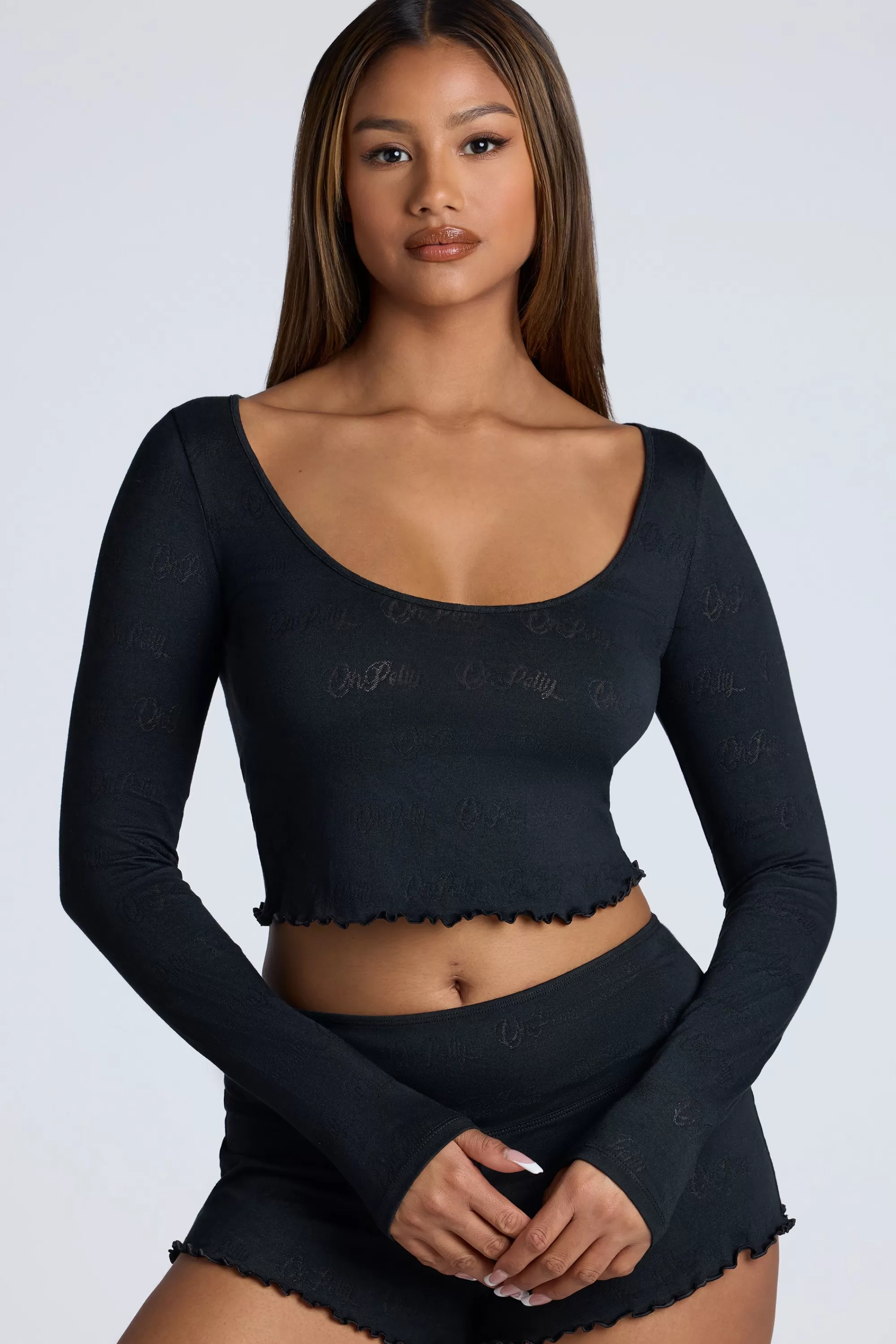 Oh Polly Long Sleeve Scoop Neck Pointelle Crop Top in Black Cheap