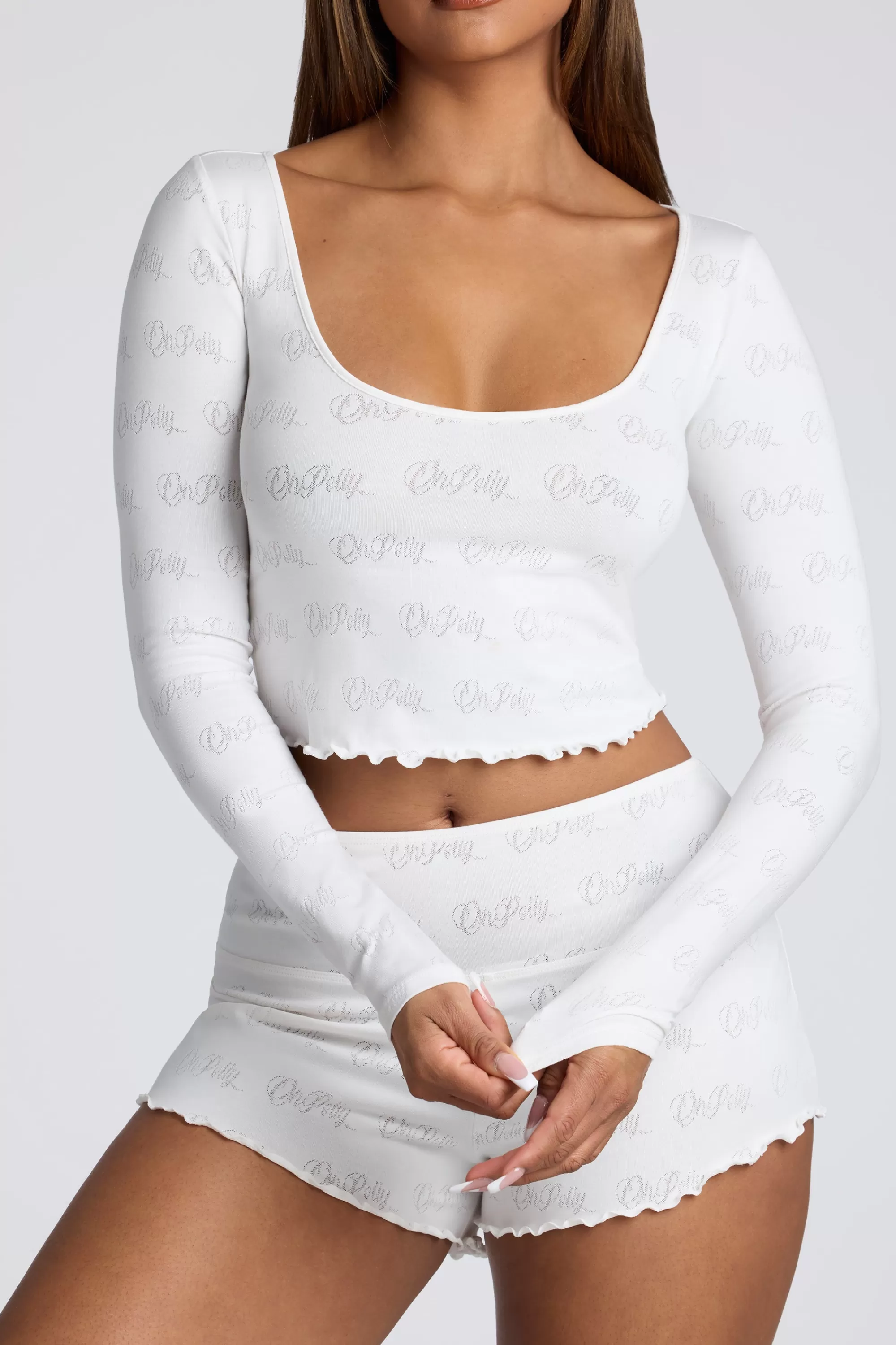 Oh Polly Long Sleeve Scoop Neck Pointelle Crop Top in White Online