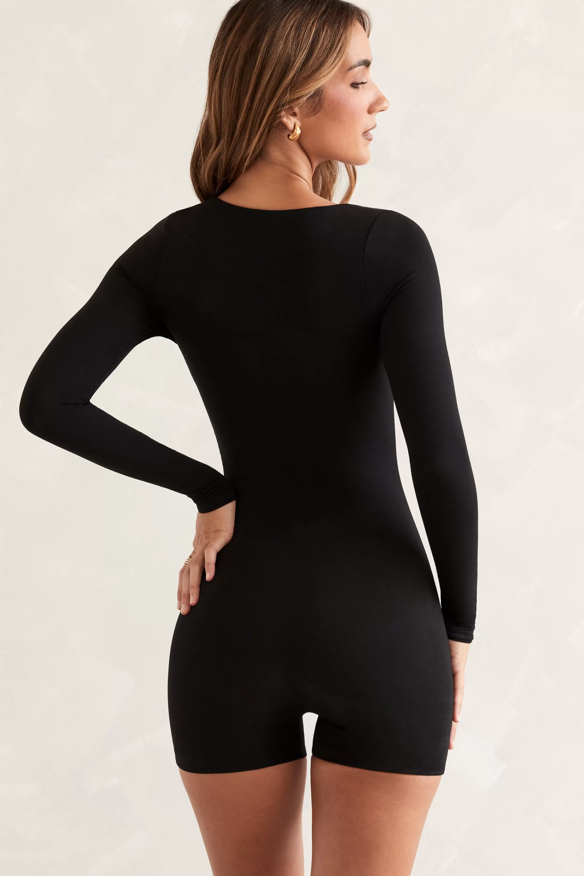 Oh Polly Long Sleeve Square Neck Unitard in Black Sale