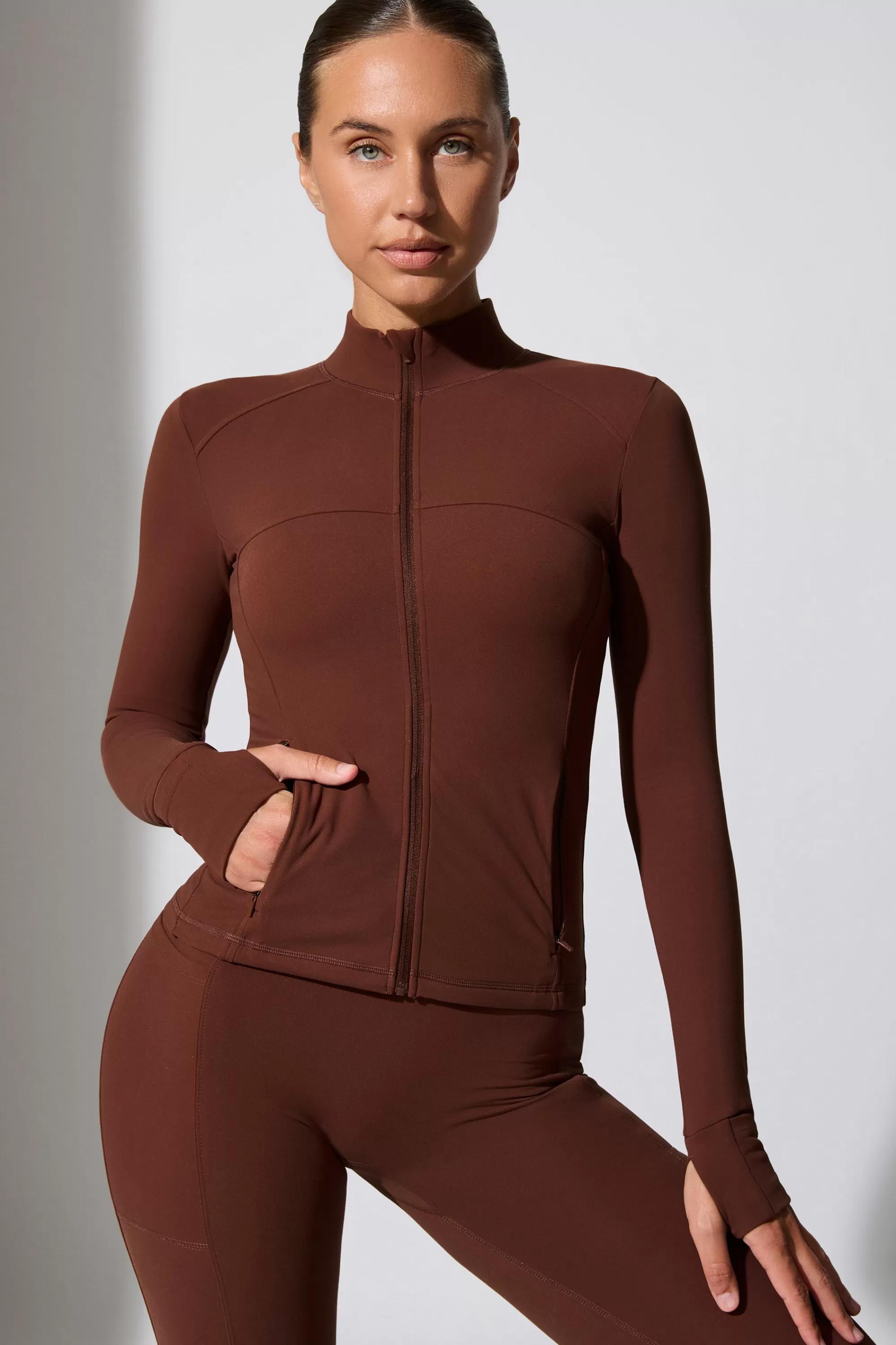 Oh Polly Long Sleeve Zip Up Jacket in Chocolate Best Sale