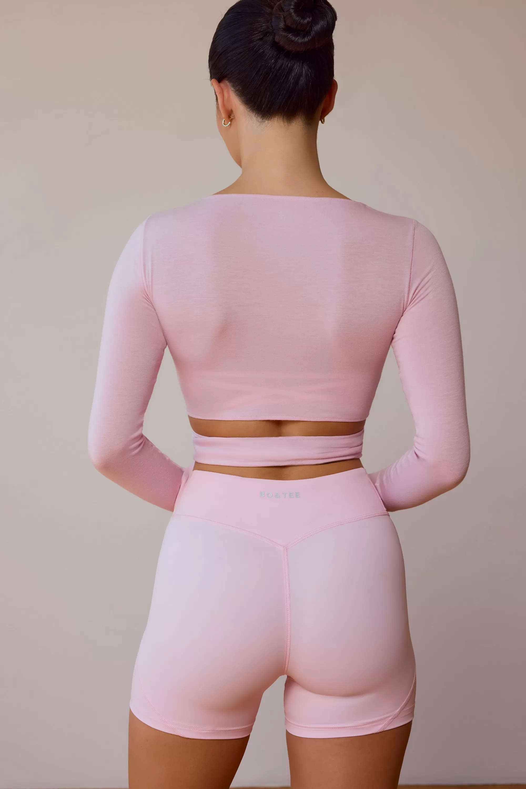 Oh Polly Long-Sleeve Wrap Crop Top in Soft Pink SoftPink Cheap