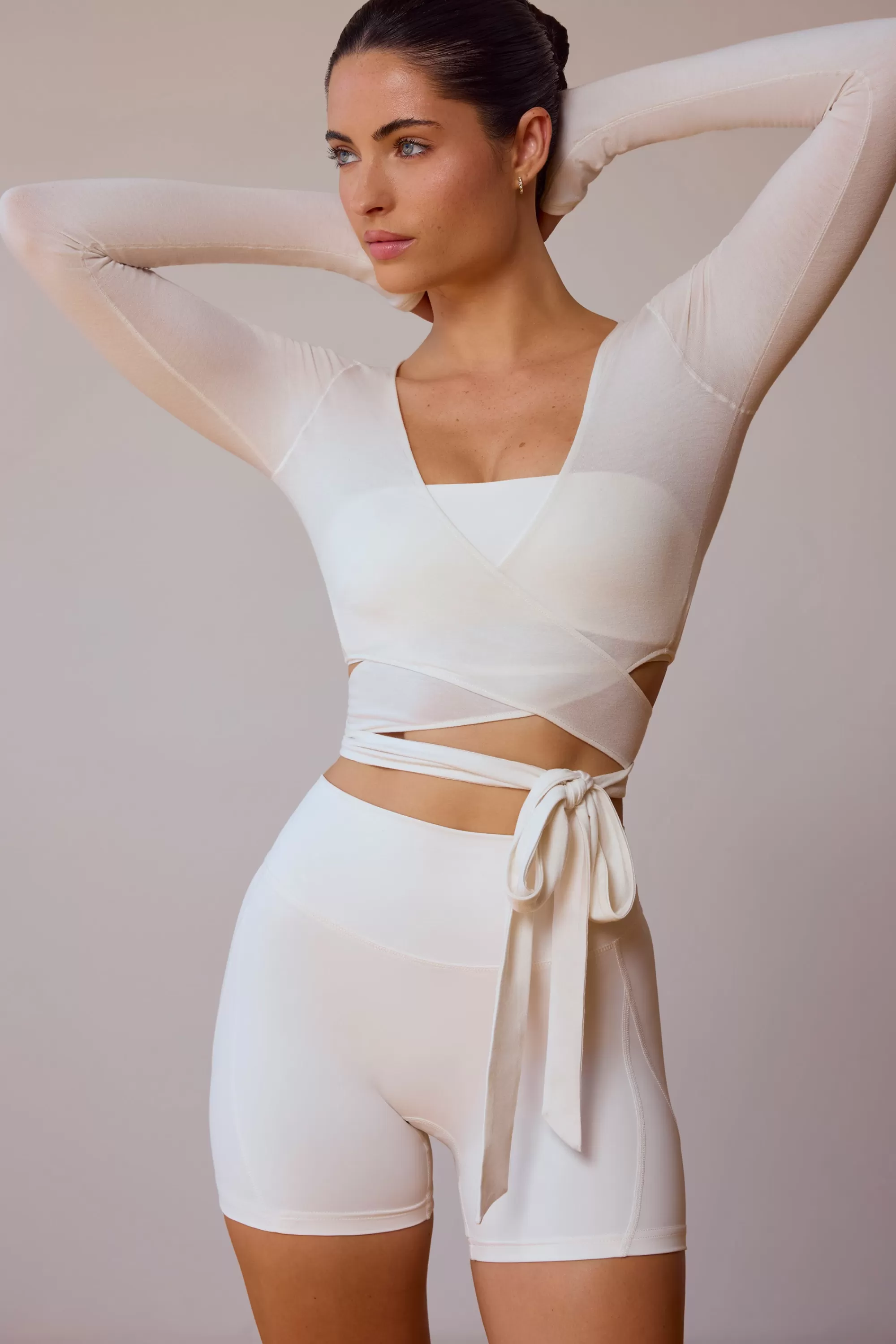 Oh Polly Long-Sleeve Wrap Crop Top in Soft White SoftWhite Fashion