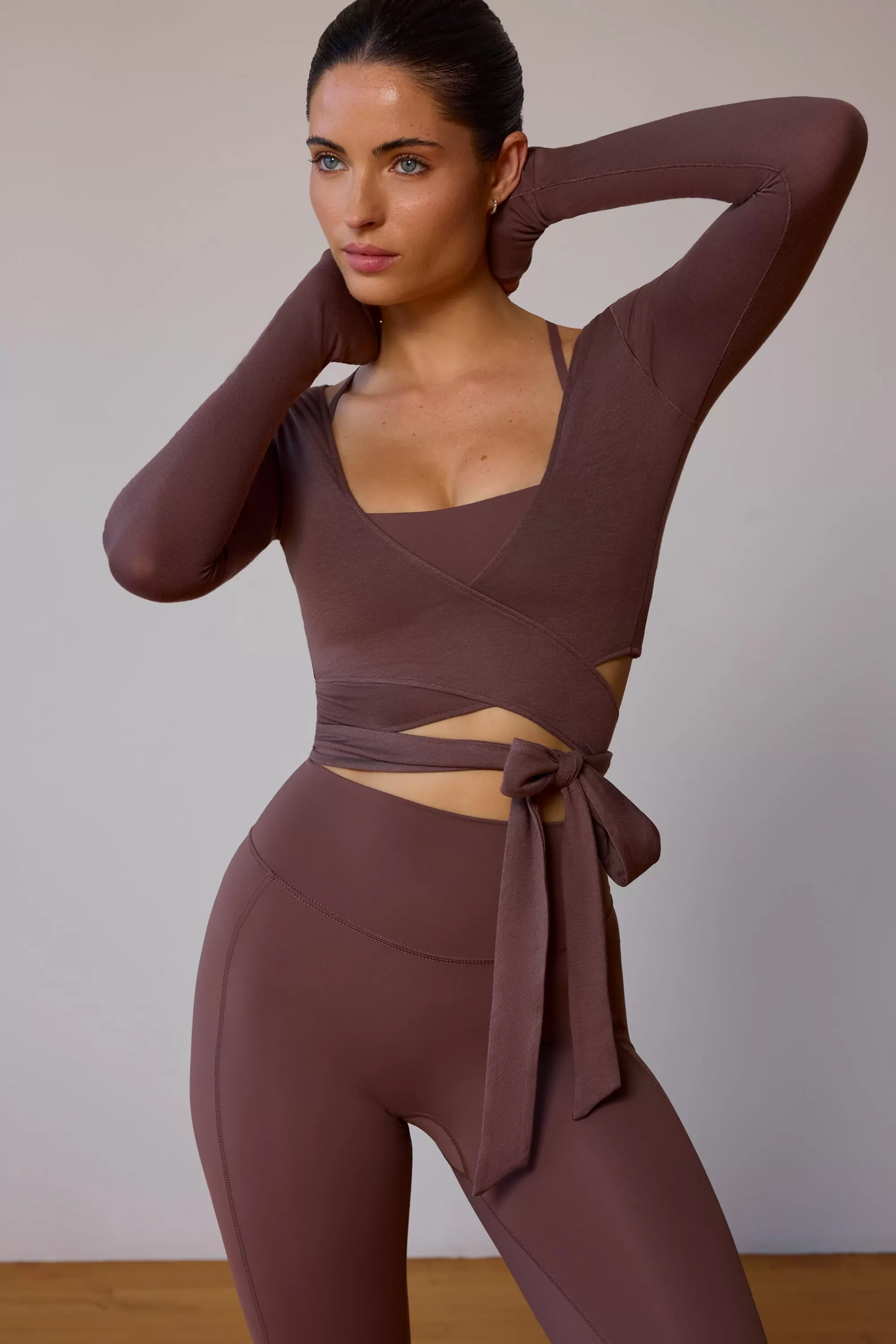 Oh Polly Long-Sleeve Wrap Crop Top in Taupe Brown TaupeBrown Hot