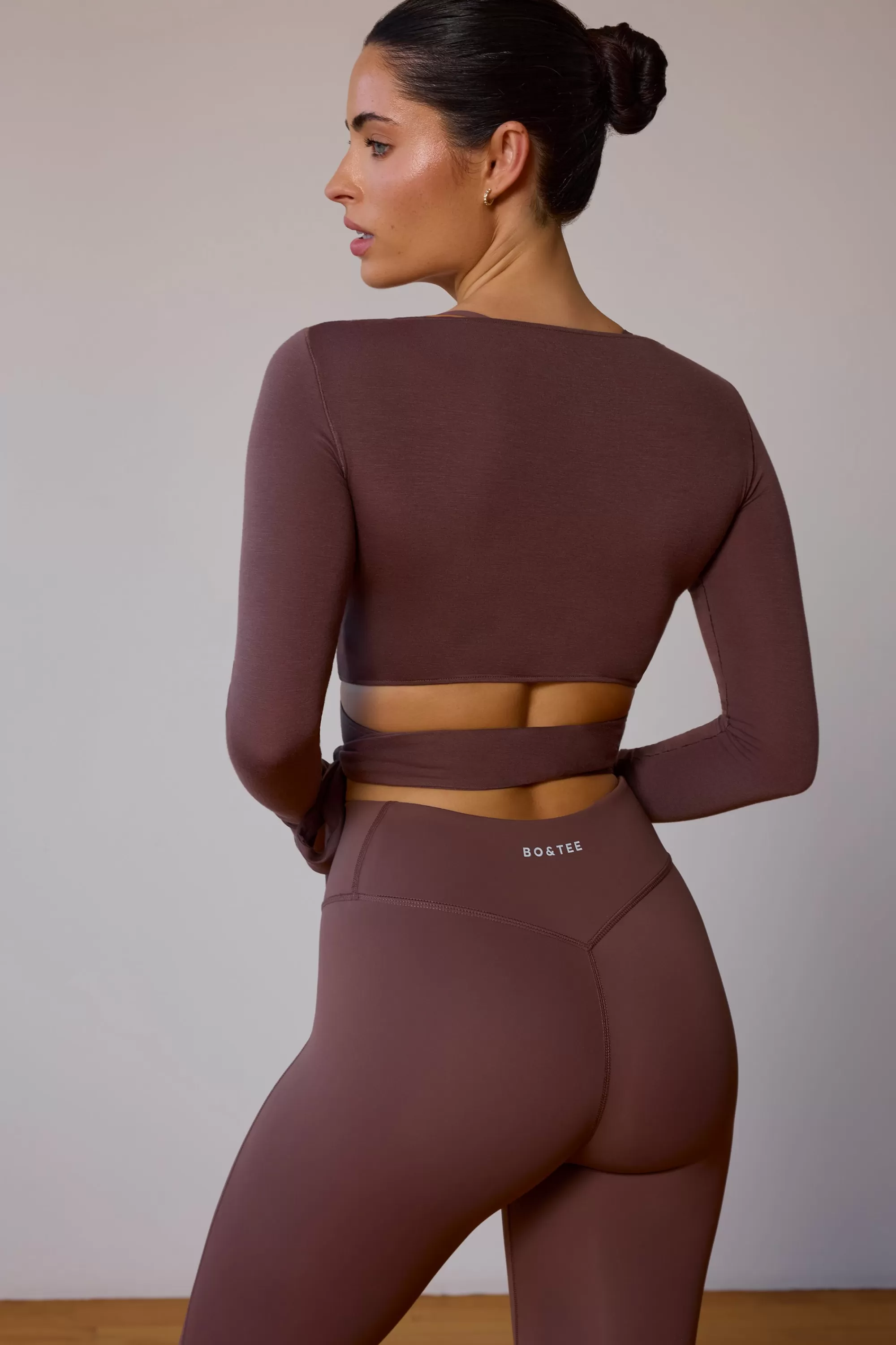 Oh Polly Long-Sleeve Wrap Crop Top in Taupe Brown TaupeBrown Hot