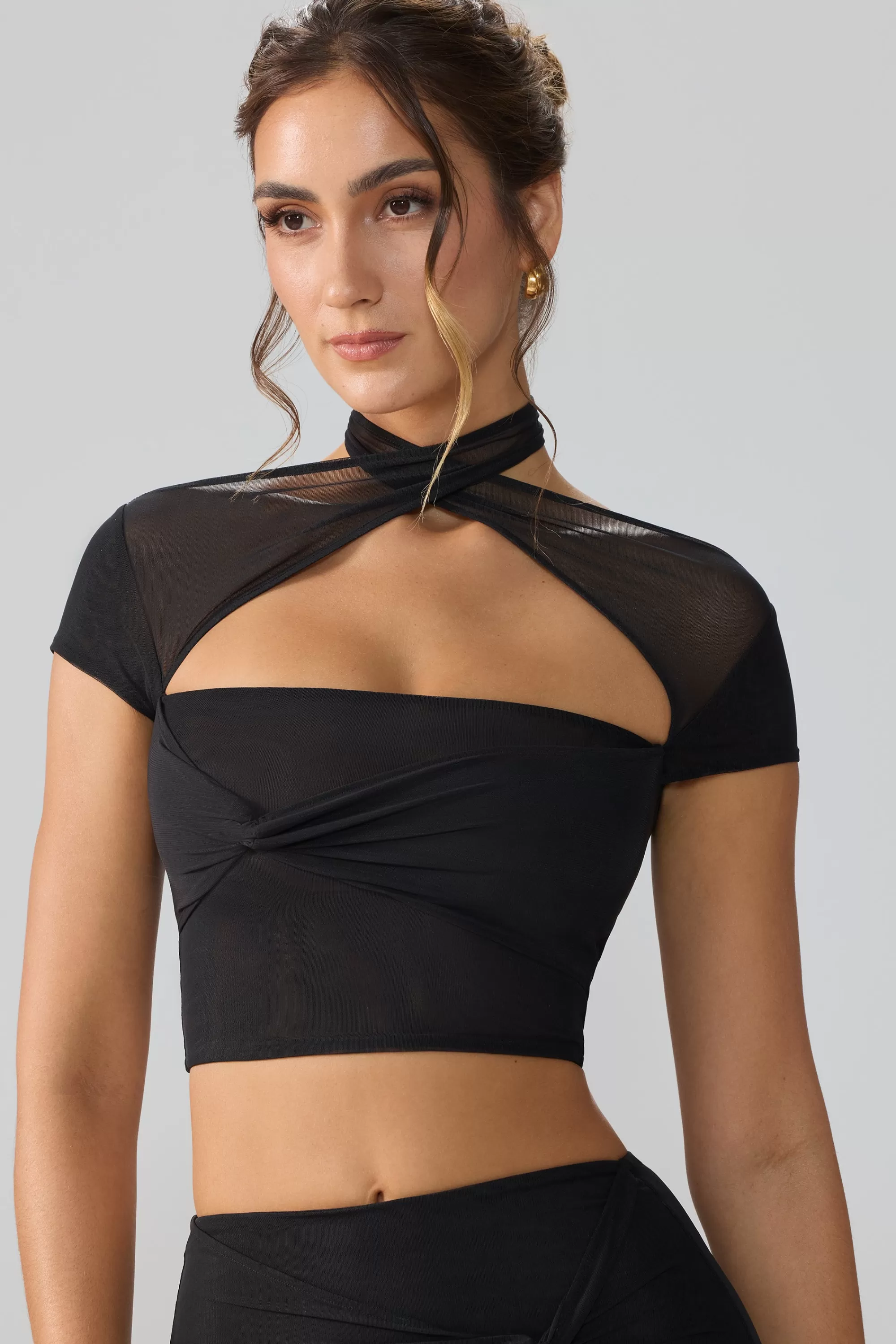 Oh Polly Mesh Cap Sleeve Cut Out Crop Top in Black Cheap