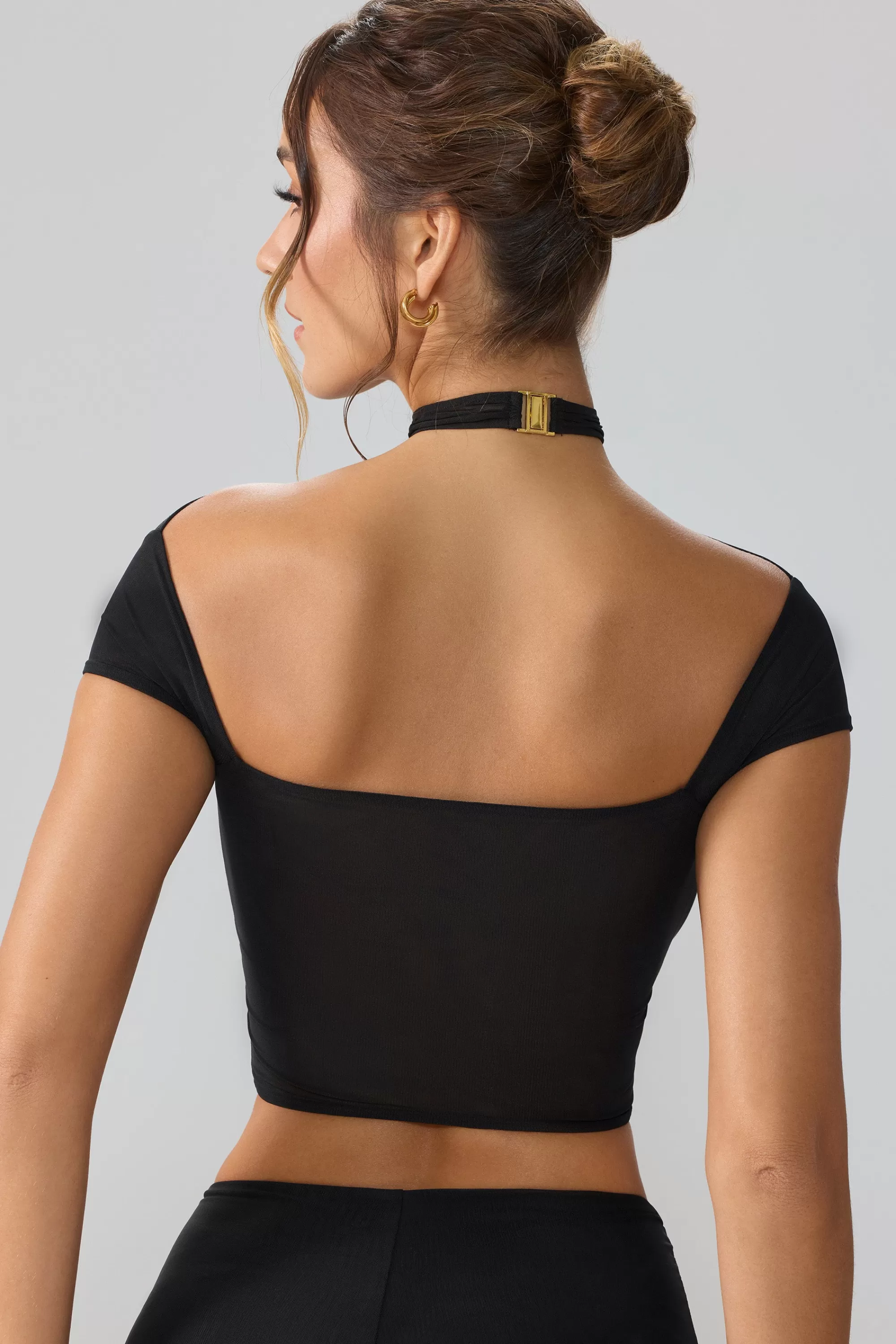 Oh Polly Mesh Cap Sleeve Cut Out Crop Top in Black Cheap