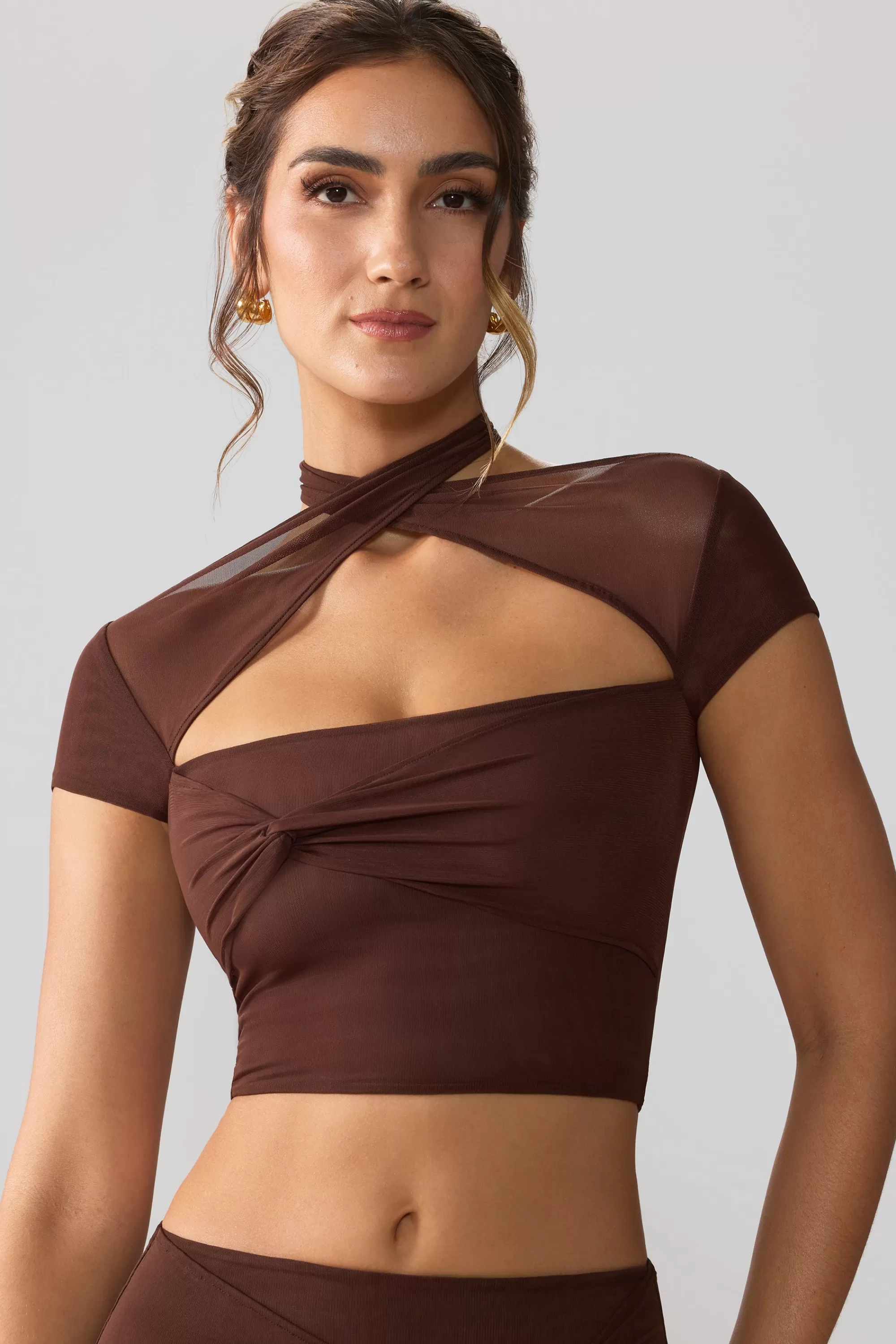 Oh Polly Mesh Cap Sleeve Cut Out Crop Top in Espresso New