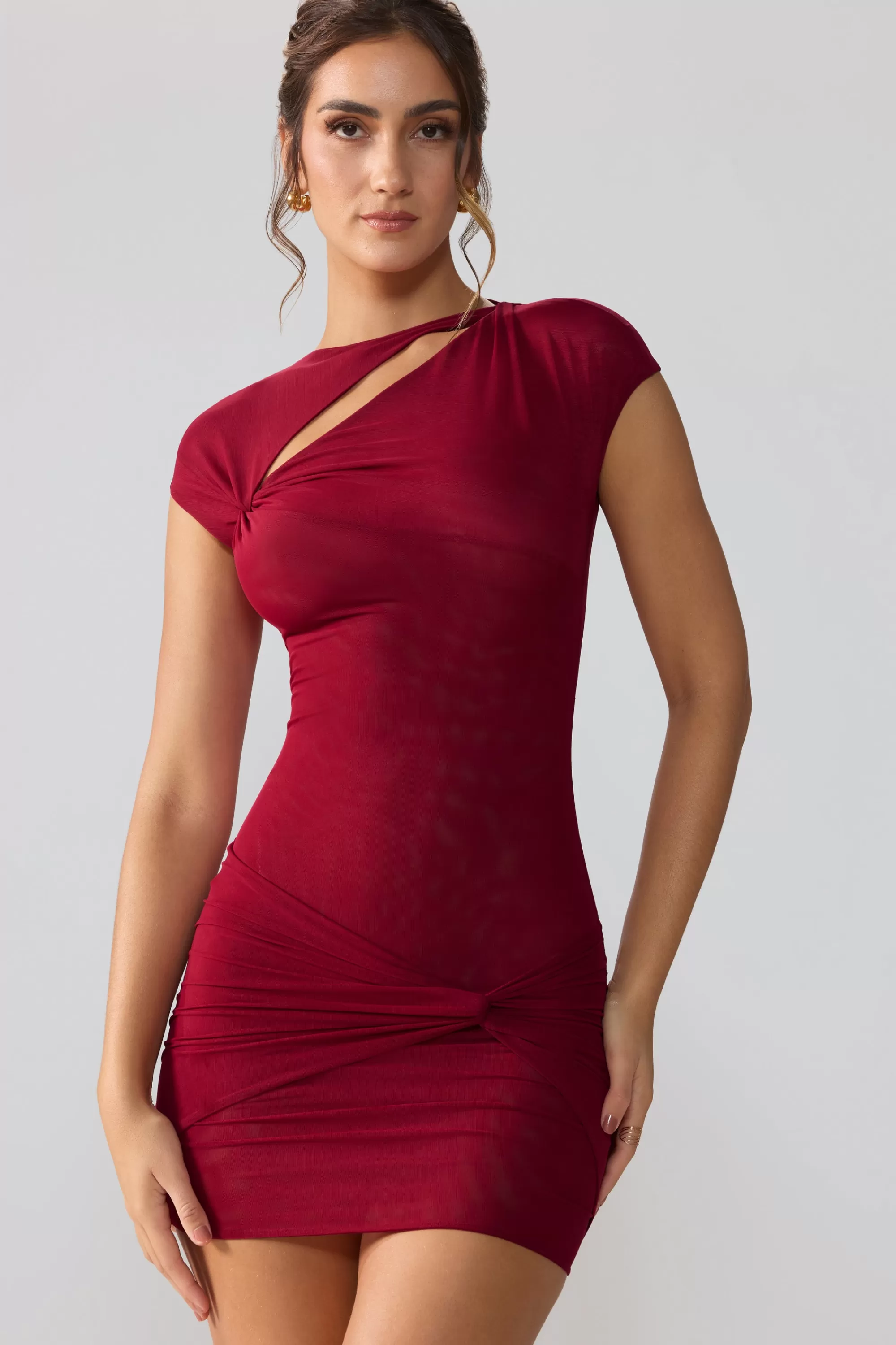 Oh Polly Mesh Cap Sleeve Cut Out Mini Dress in Ruby Best Sale