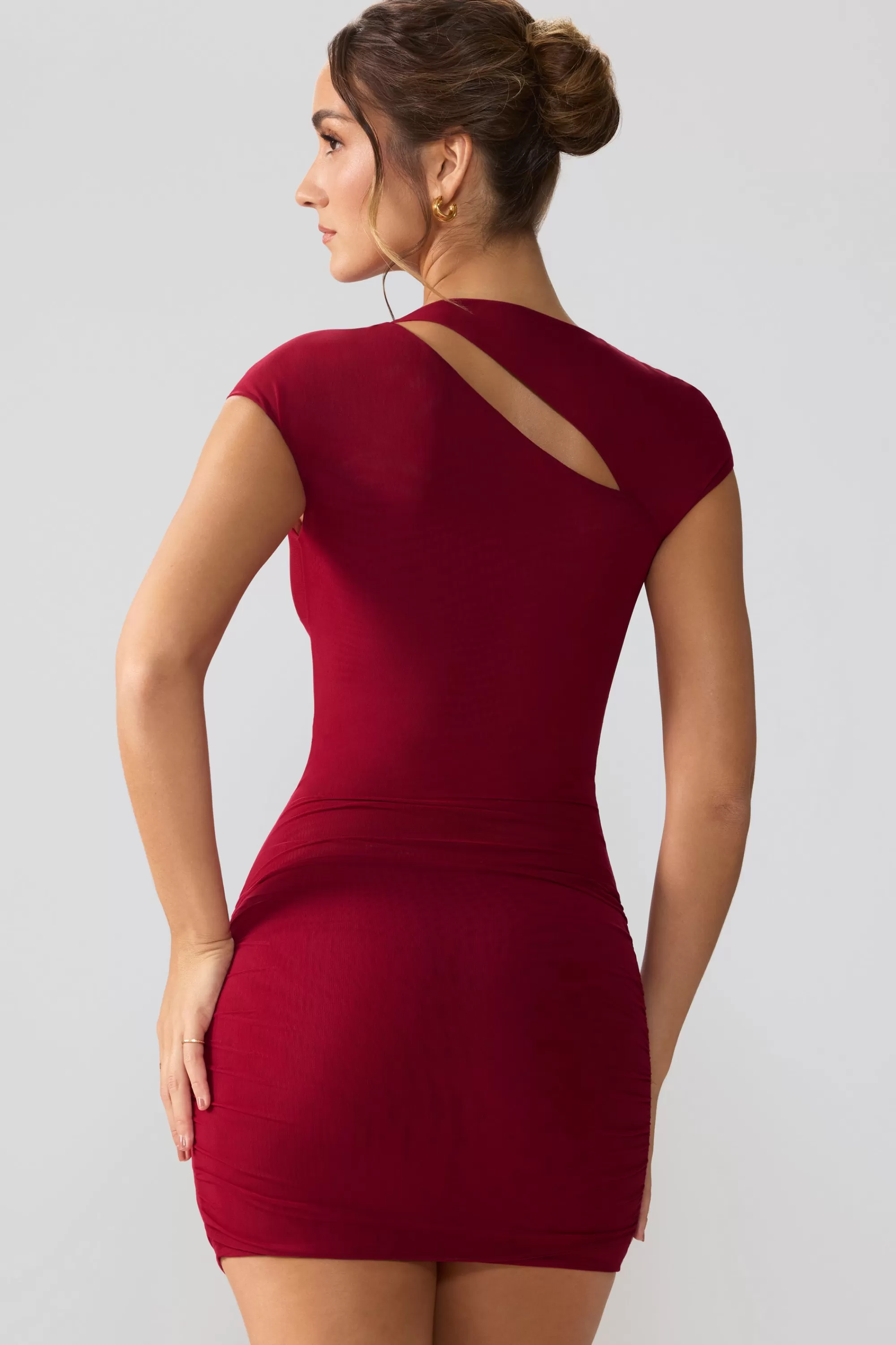 Oh Polly Mesh Cap Sleeve Cut Out Mini Dress in Ruby Best Sale