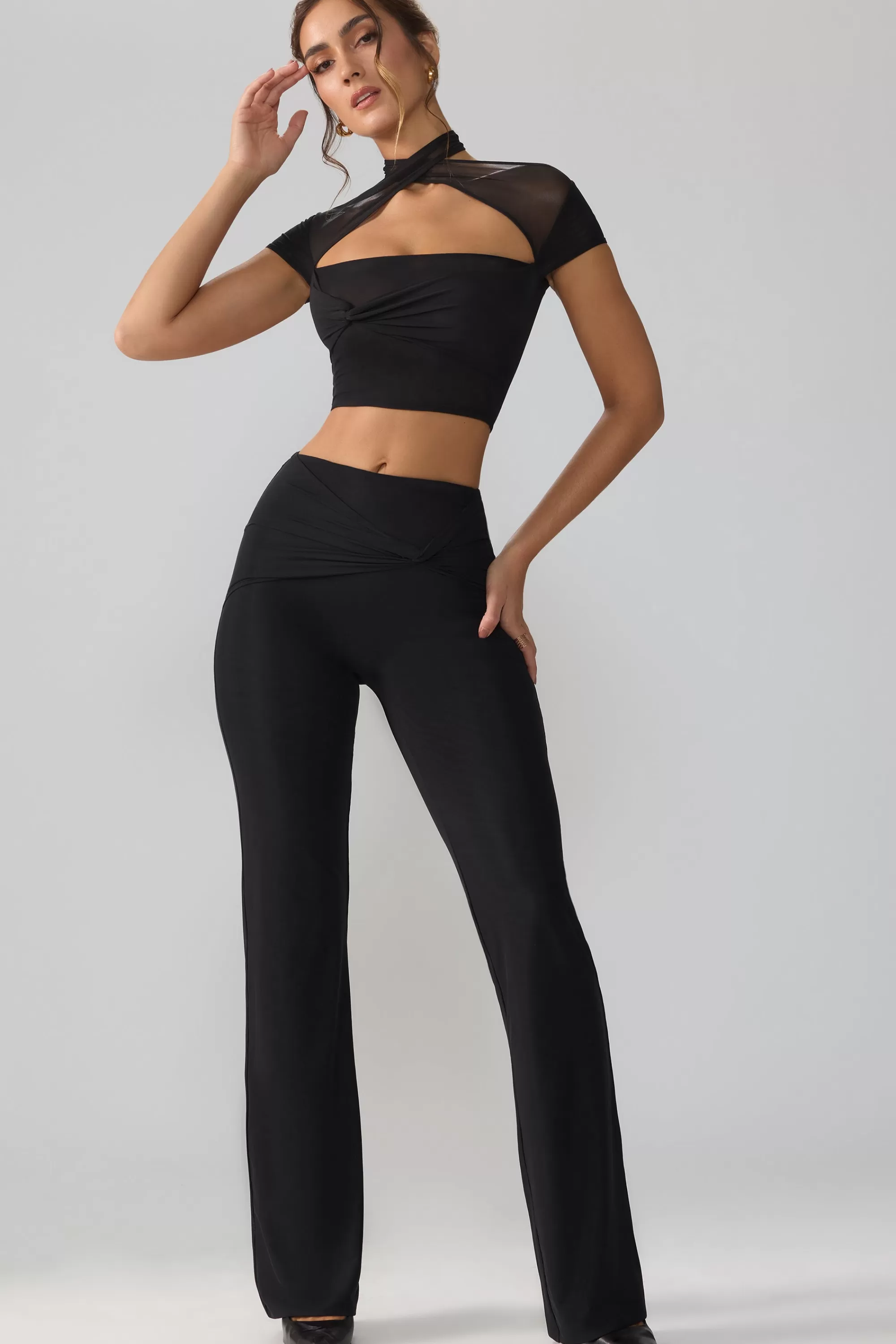 Oh Polly Mesh Mid Rise Twist Overlay Flare Trousers in Black Best Sale