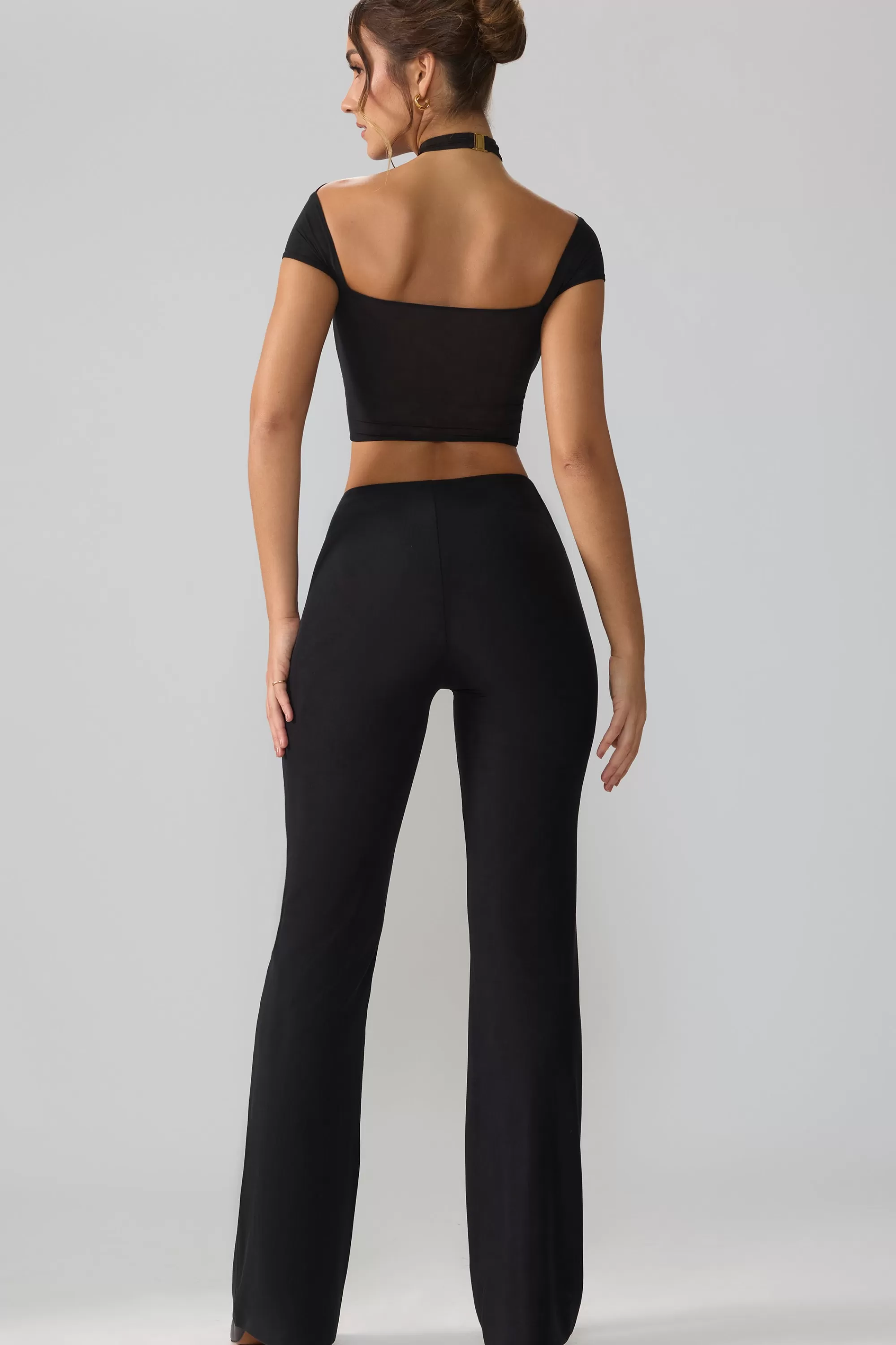 Oh Polly Mesh Mid Rise Twist Overlay Flare Trousers in Black Best Sale