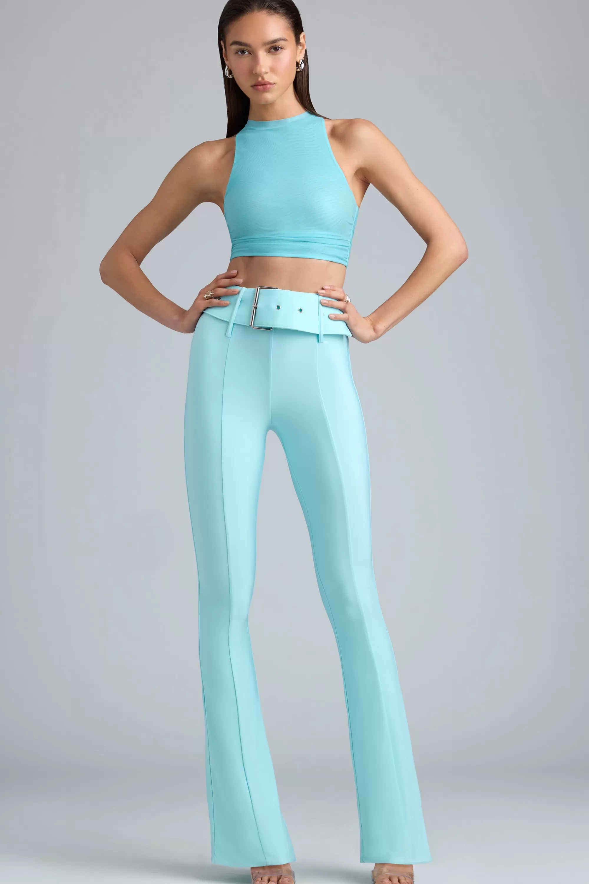 Oh Polly Metallic Belted Mid-Rise Flared Trousers in Ice Blue IceBlue Clearance