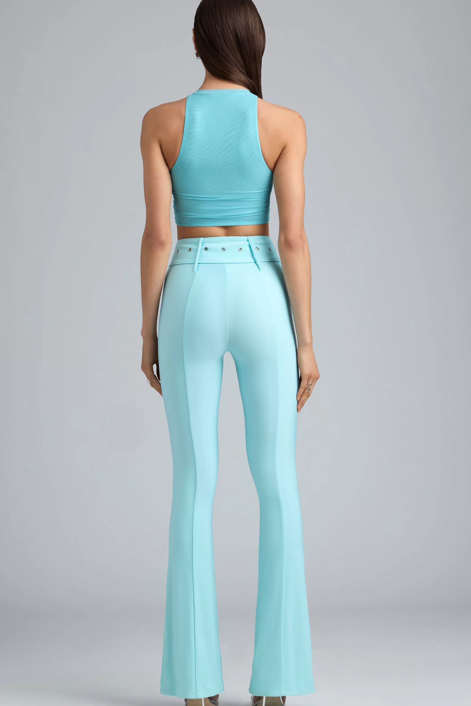 Oh Polly Metallic Belted Mid-Rise Flared Trousers in Ice Blue IceBlue Clearance