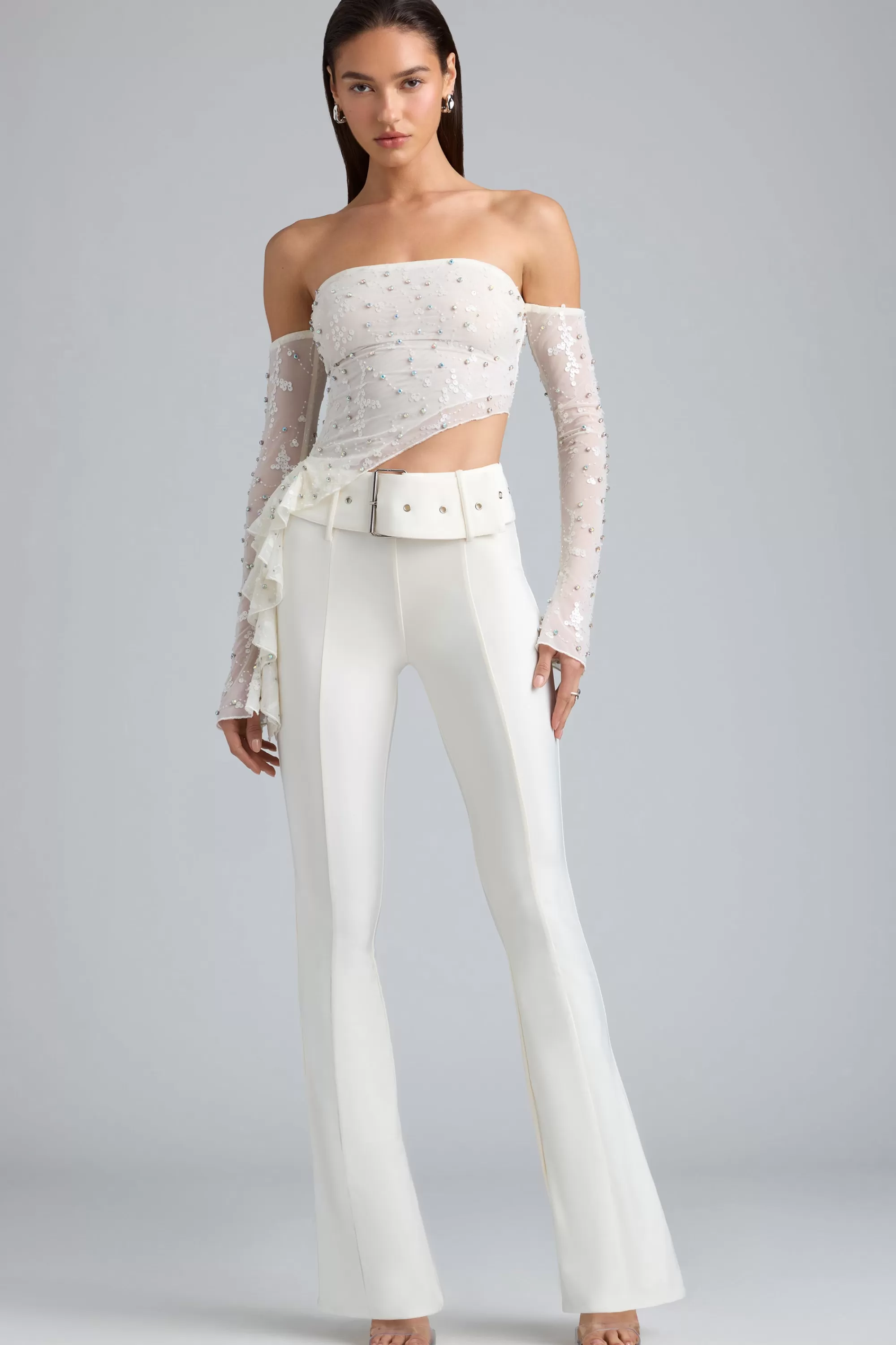 Oh Polly Metallic Belted Mid-Rise Flared Trousers in Ivory Outlet