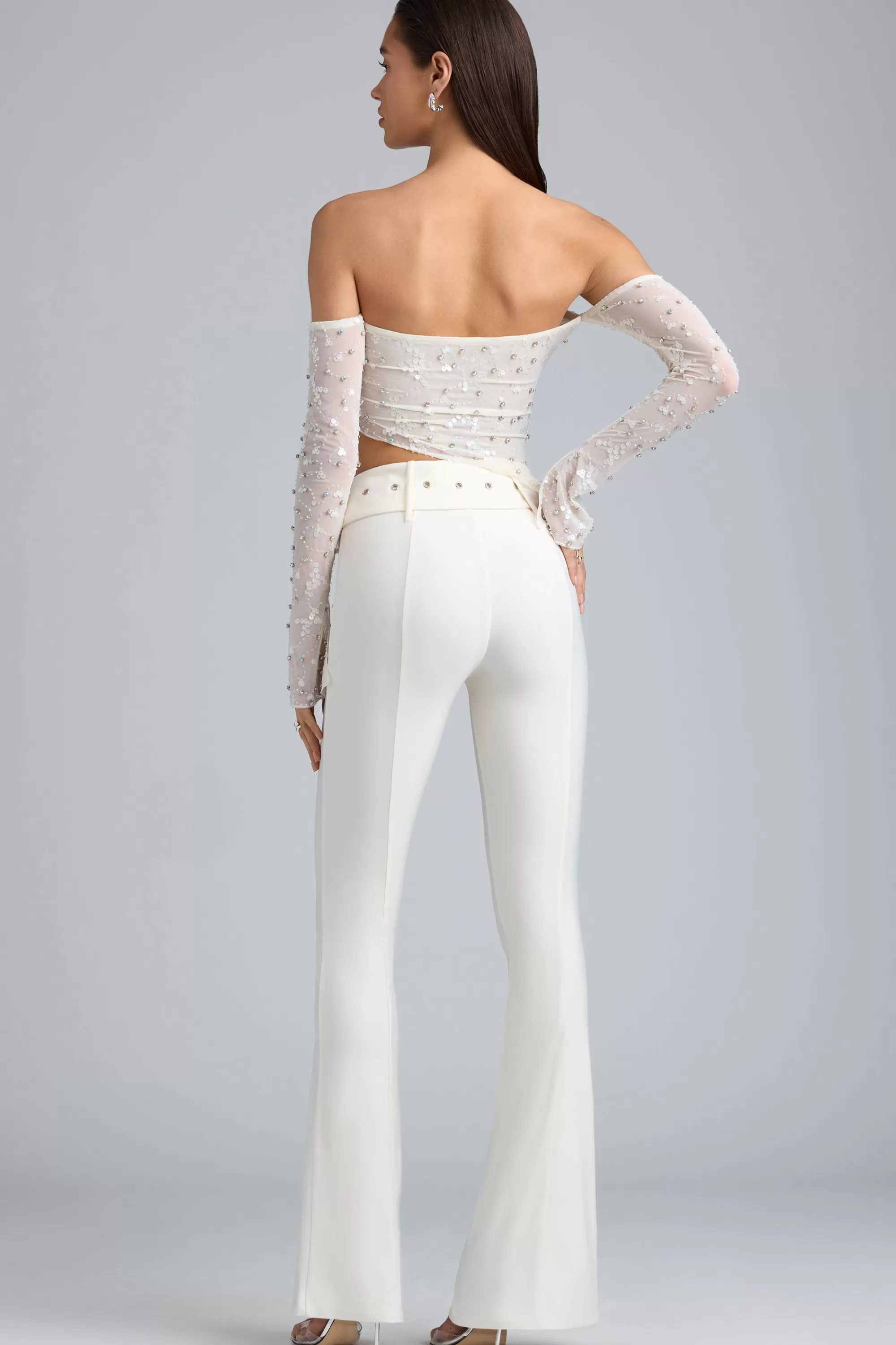 Oh Polly Metallic Belted Mid-Rise Flared Trousers in Ivory Outlet