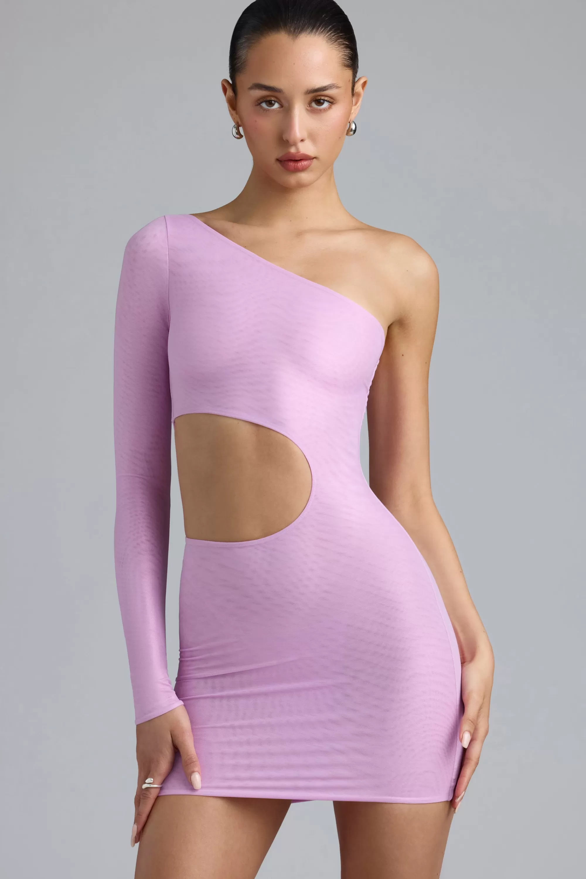 Oh Polly Metallic Cut-Out One-Shoulder Mini Dress in Violet Pink VioletPink New