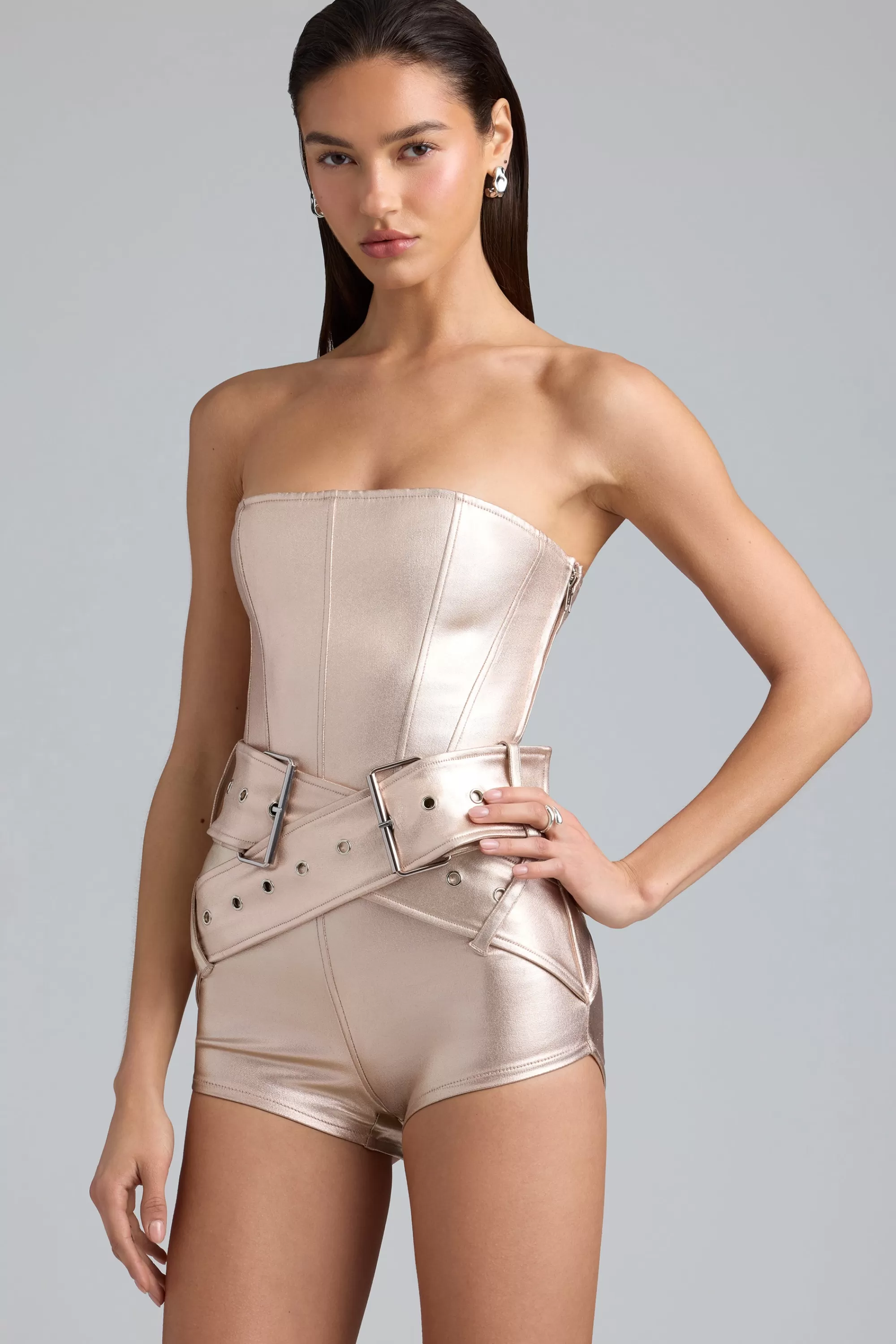 Oh Polly Metallic Denim Belted Corset Playsuit in Champagne Online