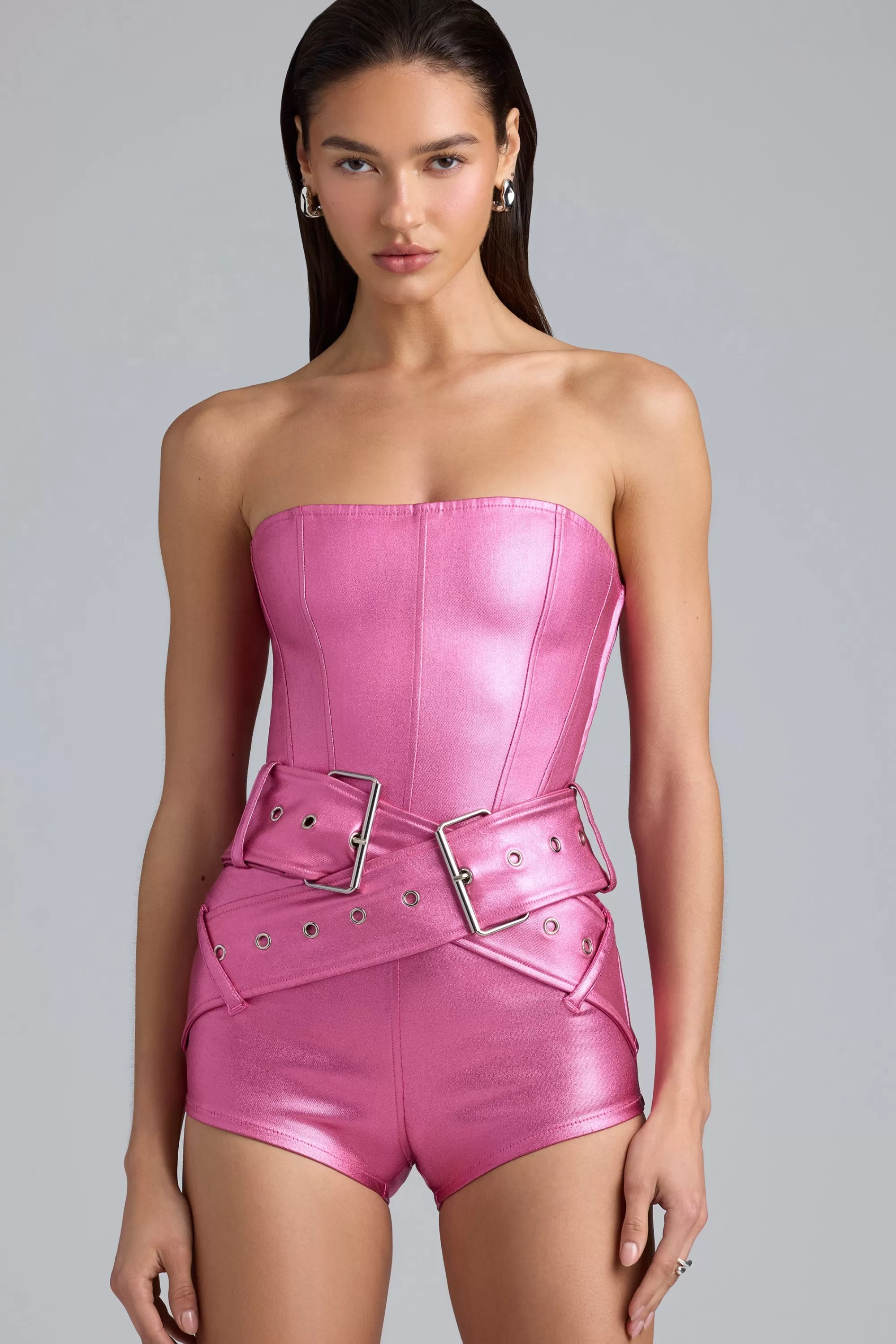 Oh Polly Metallic Denim Belted Corset Playsuit in Deep Pink DeepPink New