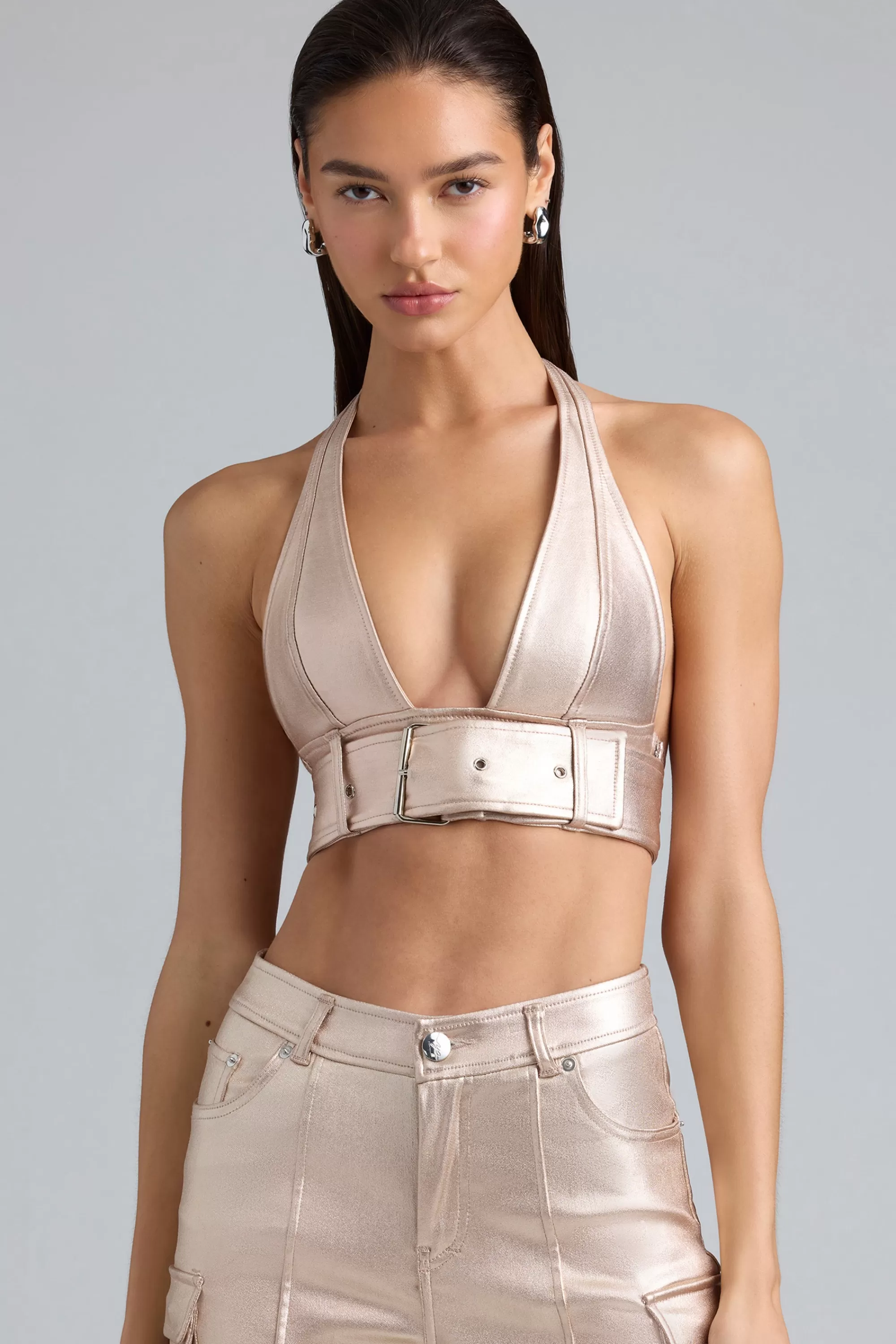 Oh Polly Metallic Denim Belted Crop Top in Champagne Store