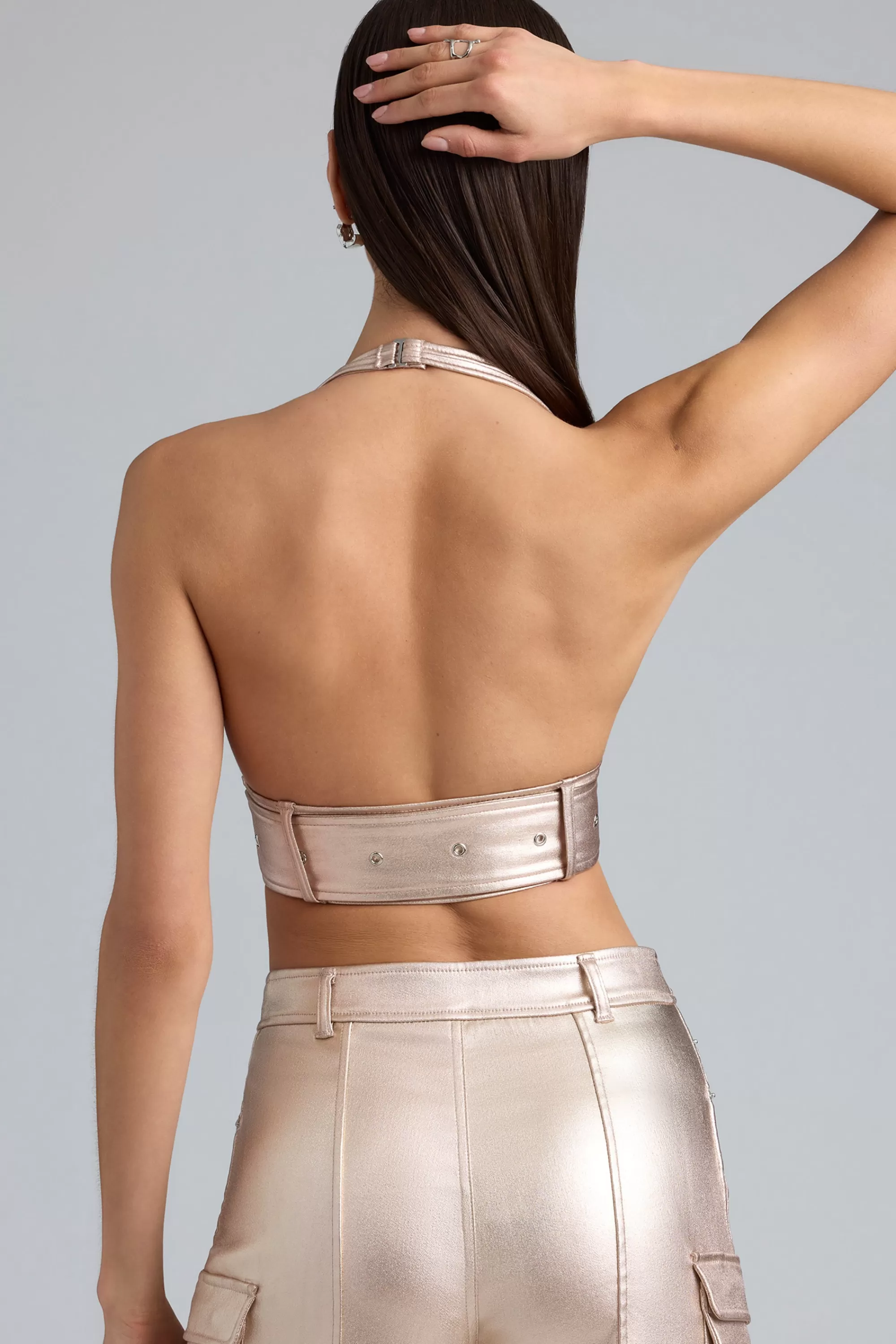 Oh Polly Metallic Denim Belted Crop Top in Champagne Store