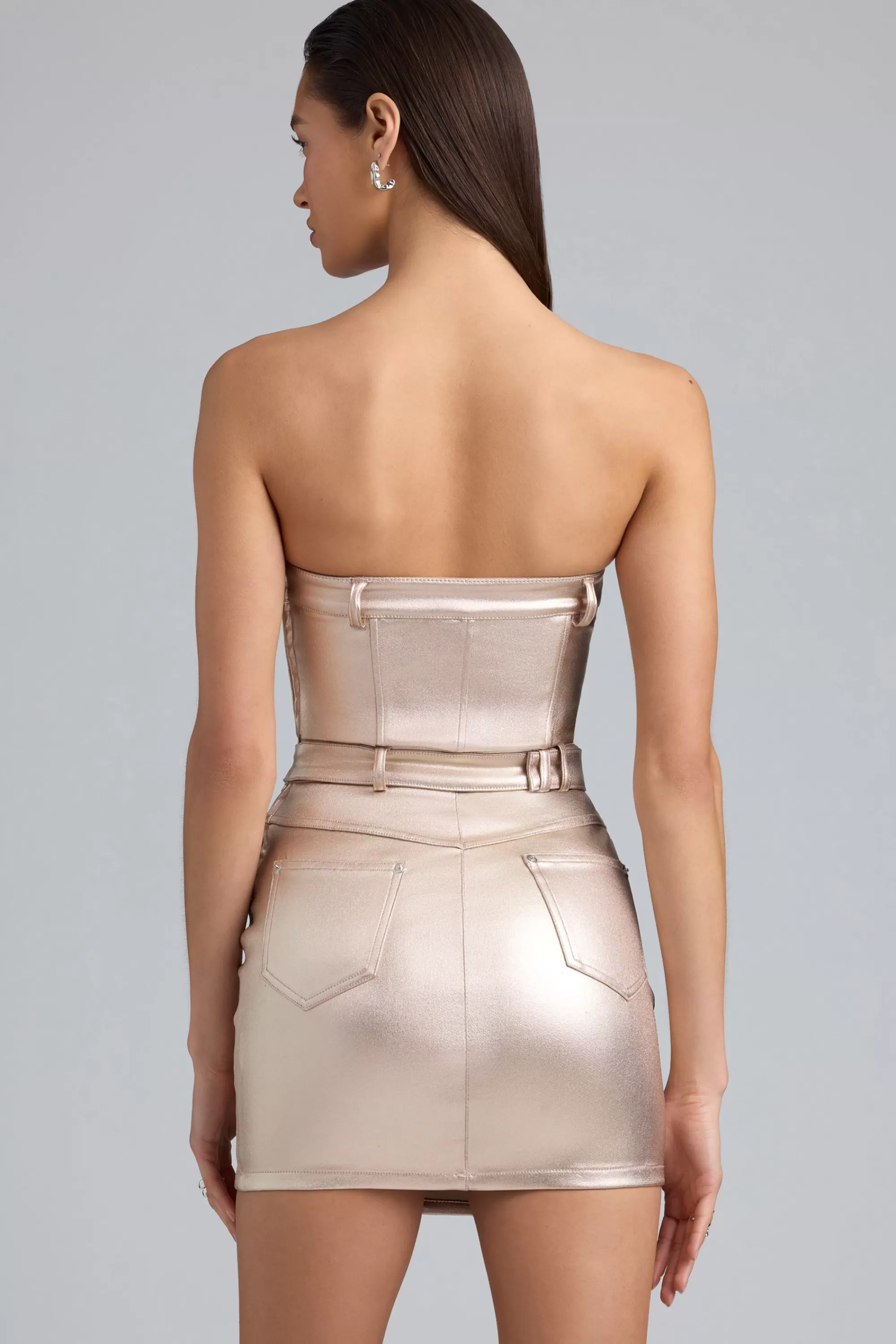 Oh Polly Metallic Denim Belted Strapless Mini Dress in Champagne Store