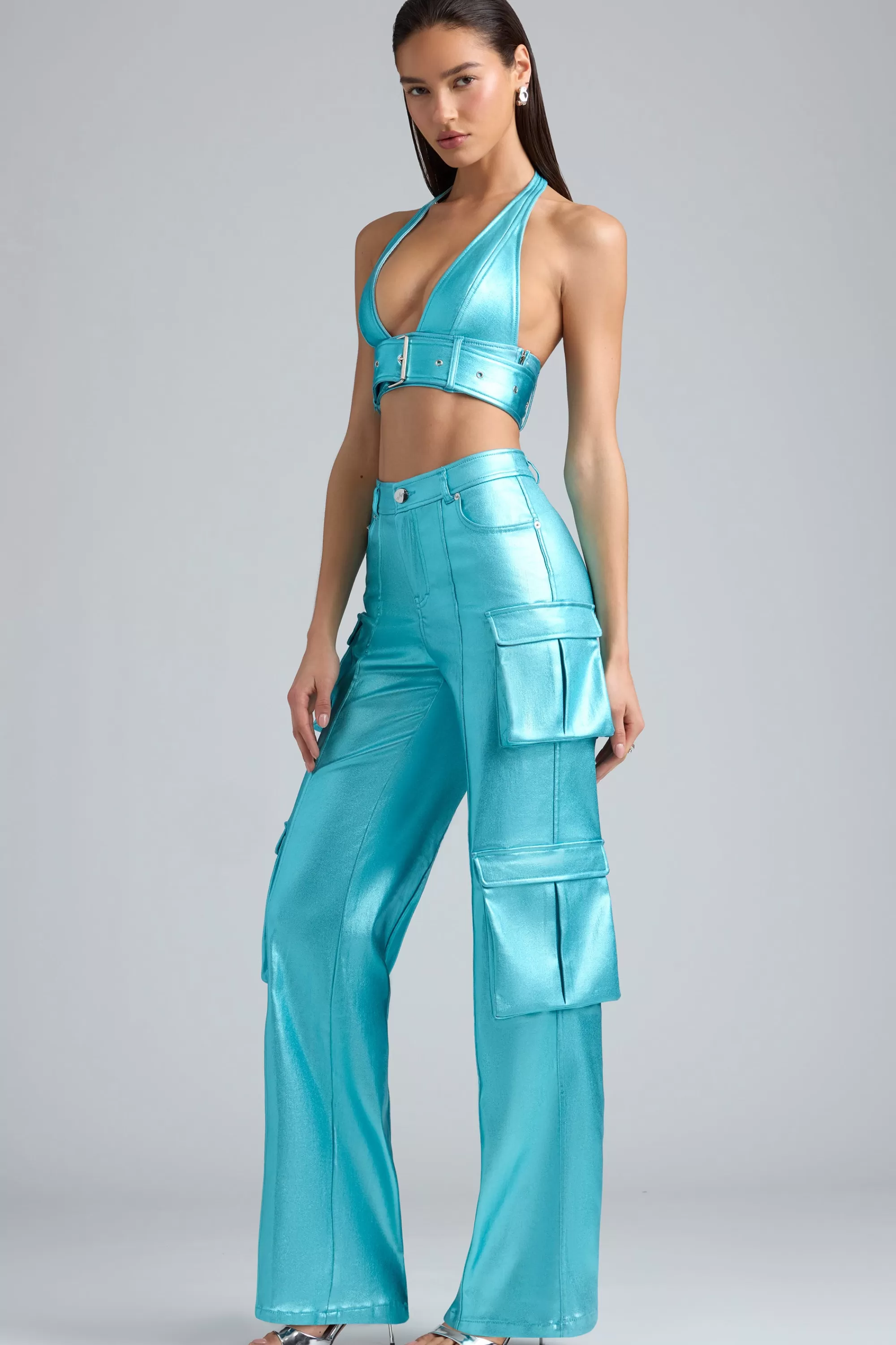 Oh Polly Metallic Denim Cargo Trousers in Aqua Shop