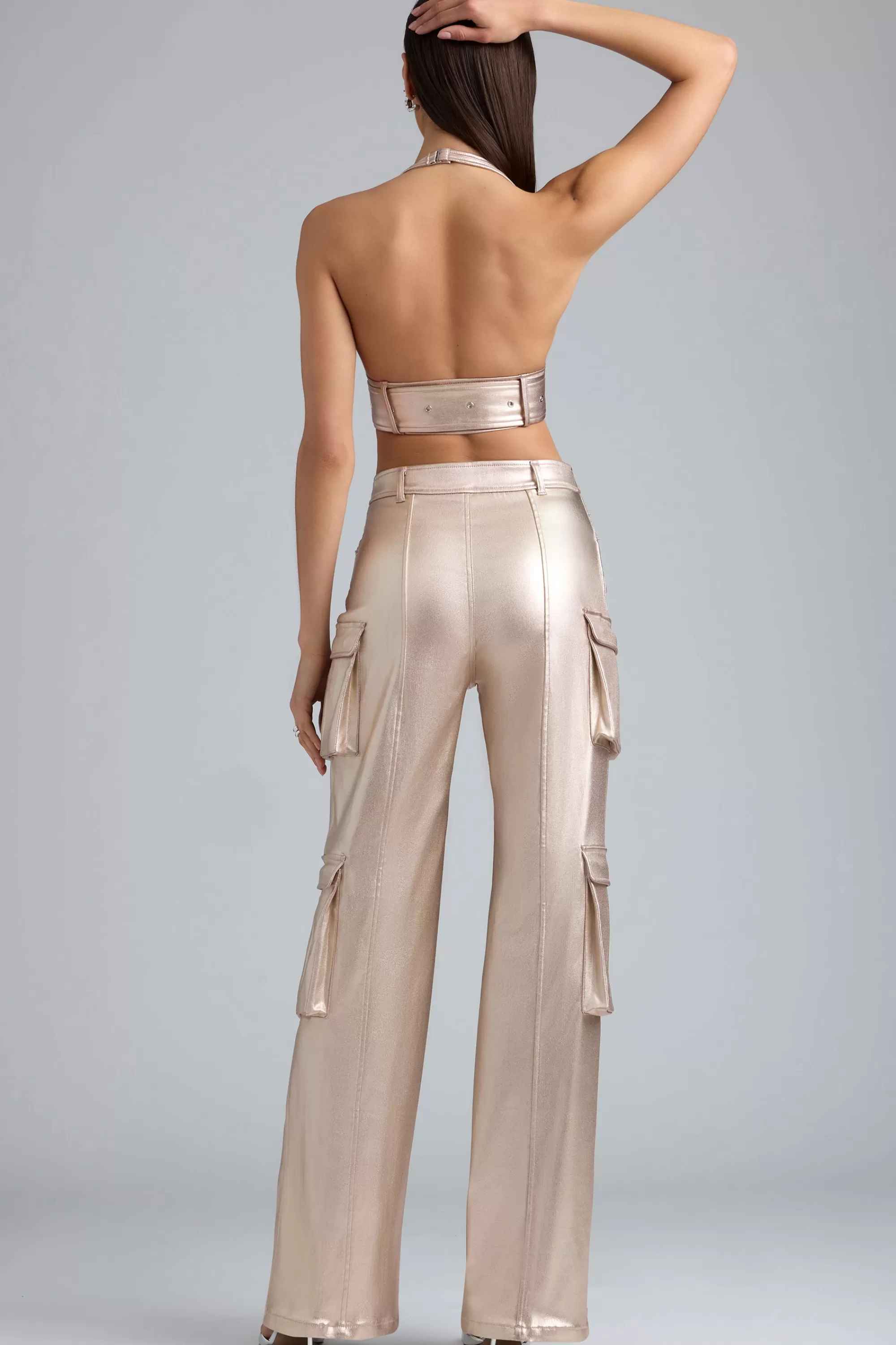 Oh Polly Metallic Denim Cargo Trousers in Champagne Clearance