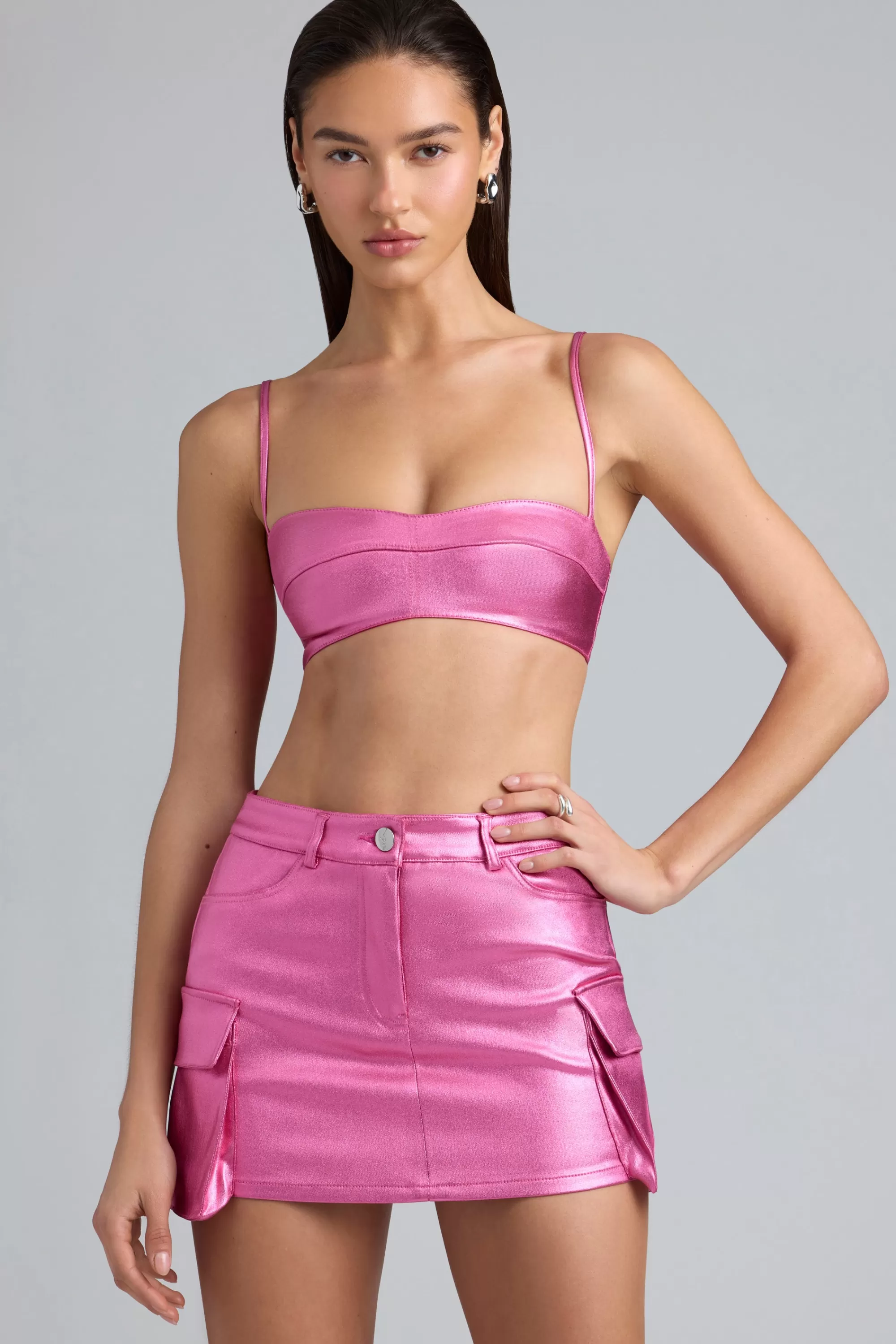 Oh Polly Metallic Denim Cropped Bralette in Deep Pink DeepPink Store