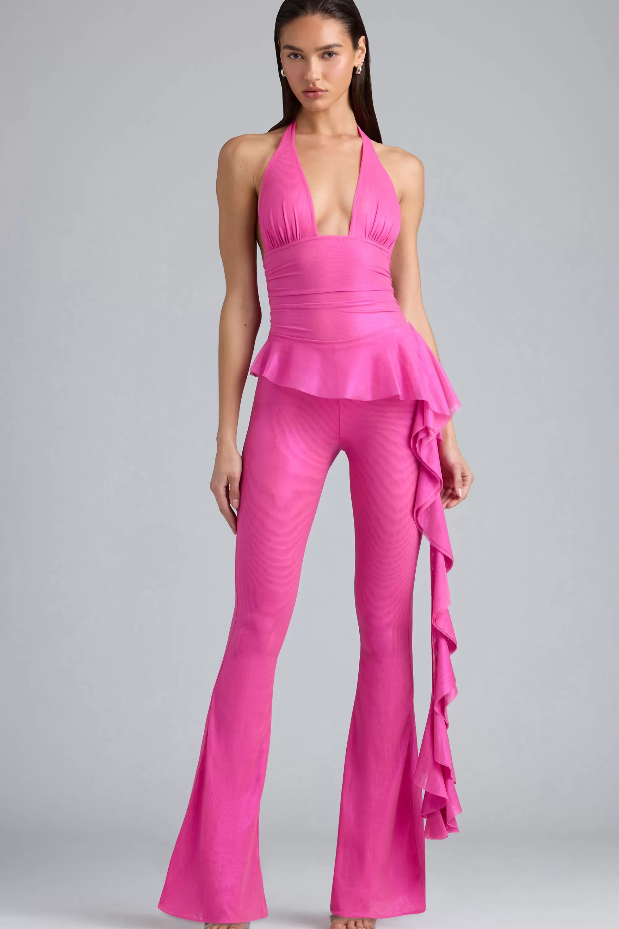 Oh Polly Metallic Halterneck Bodysuit in Bubblegum Pink BubblegumPink Fashion