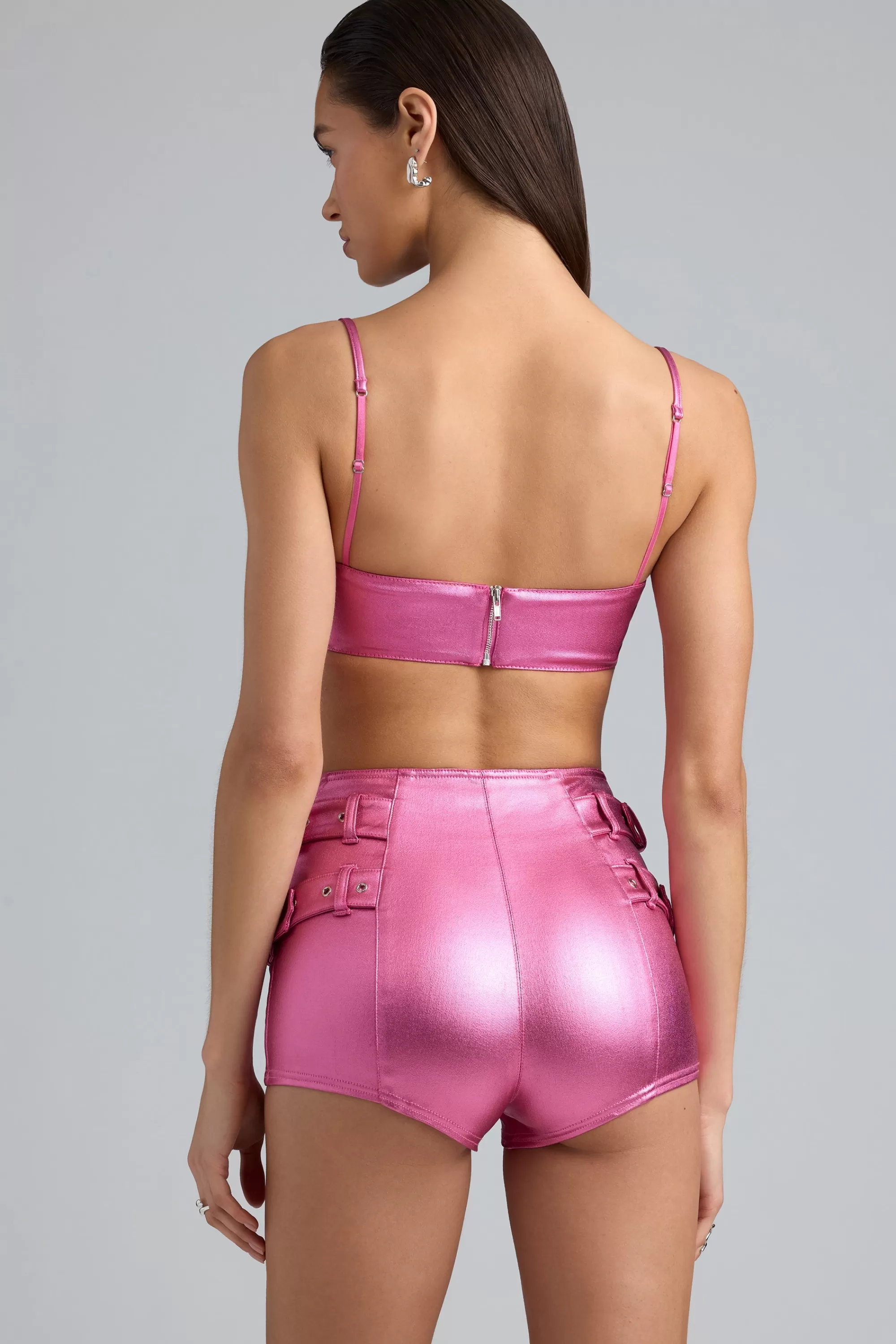 Oh Polly Metallic High-Waist Denim Shorts in Deep Pink DeepPink Best Sale