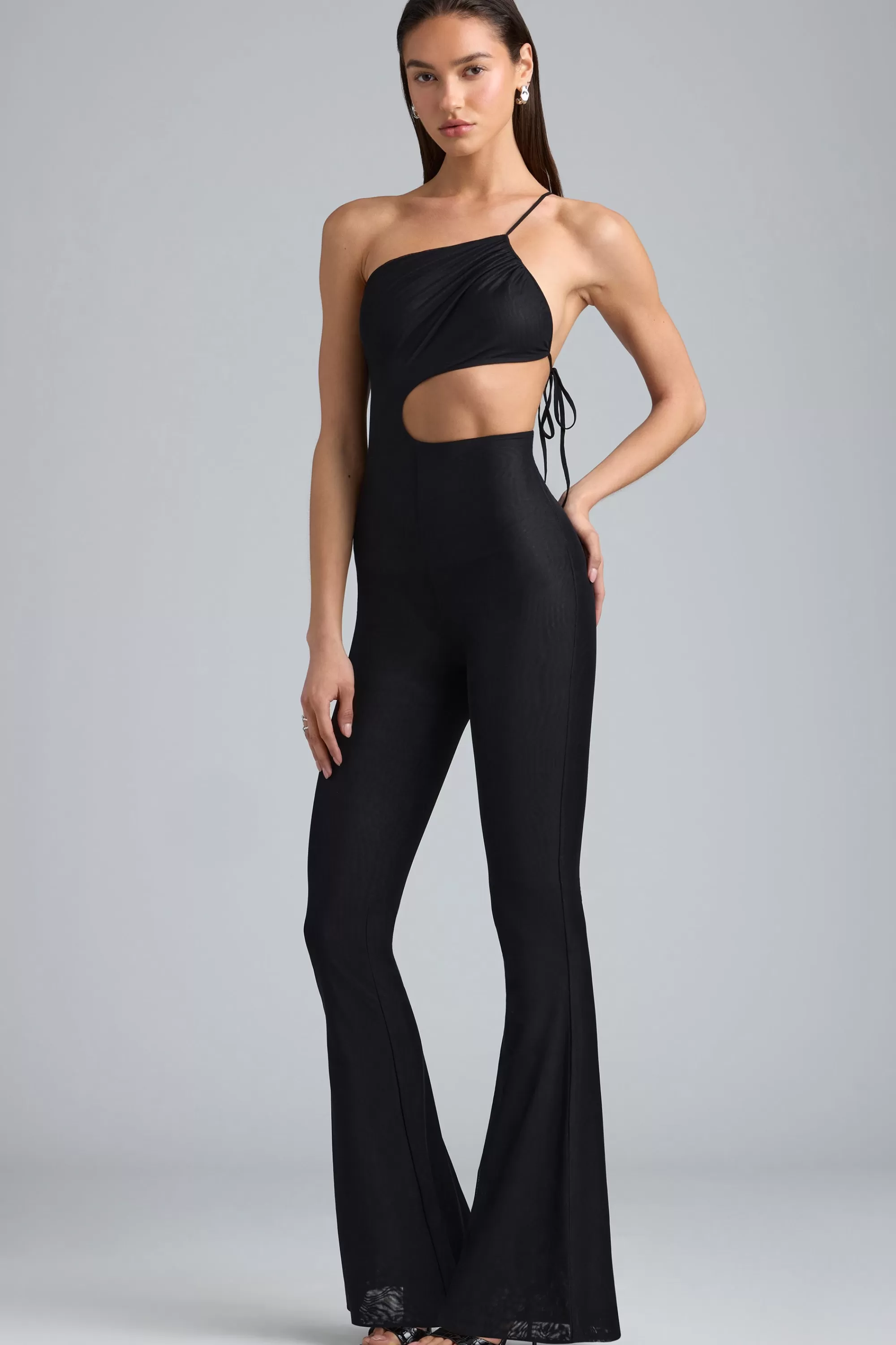 Oh Polly Metallic Ruched Cut-Out Flared Jumpsuit in Black Sale