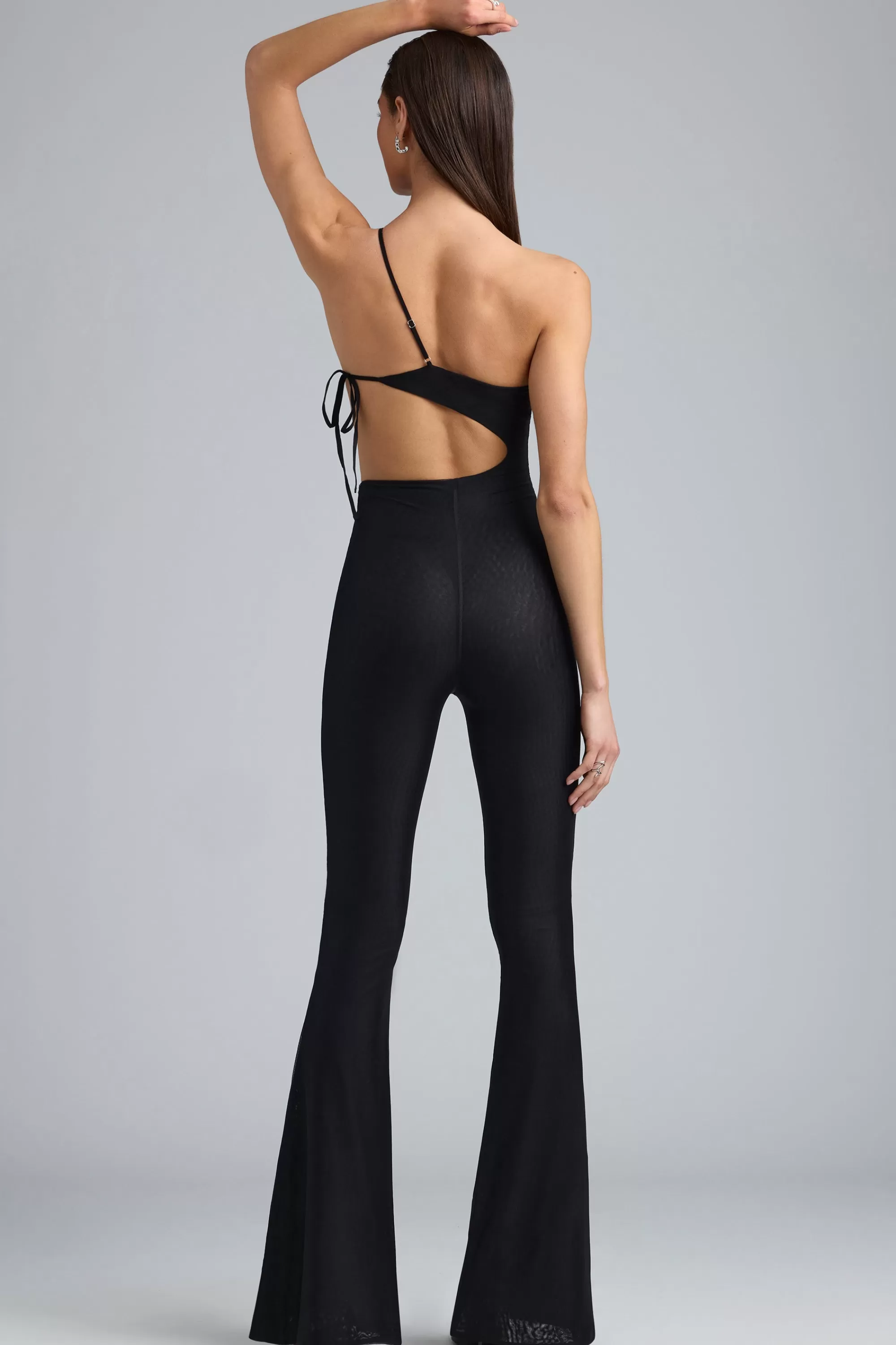 Oh Polly Metallic Ruched Cut-Out Flared Jumpsuit in Black Sale