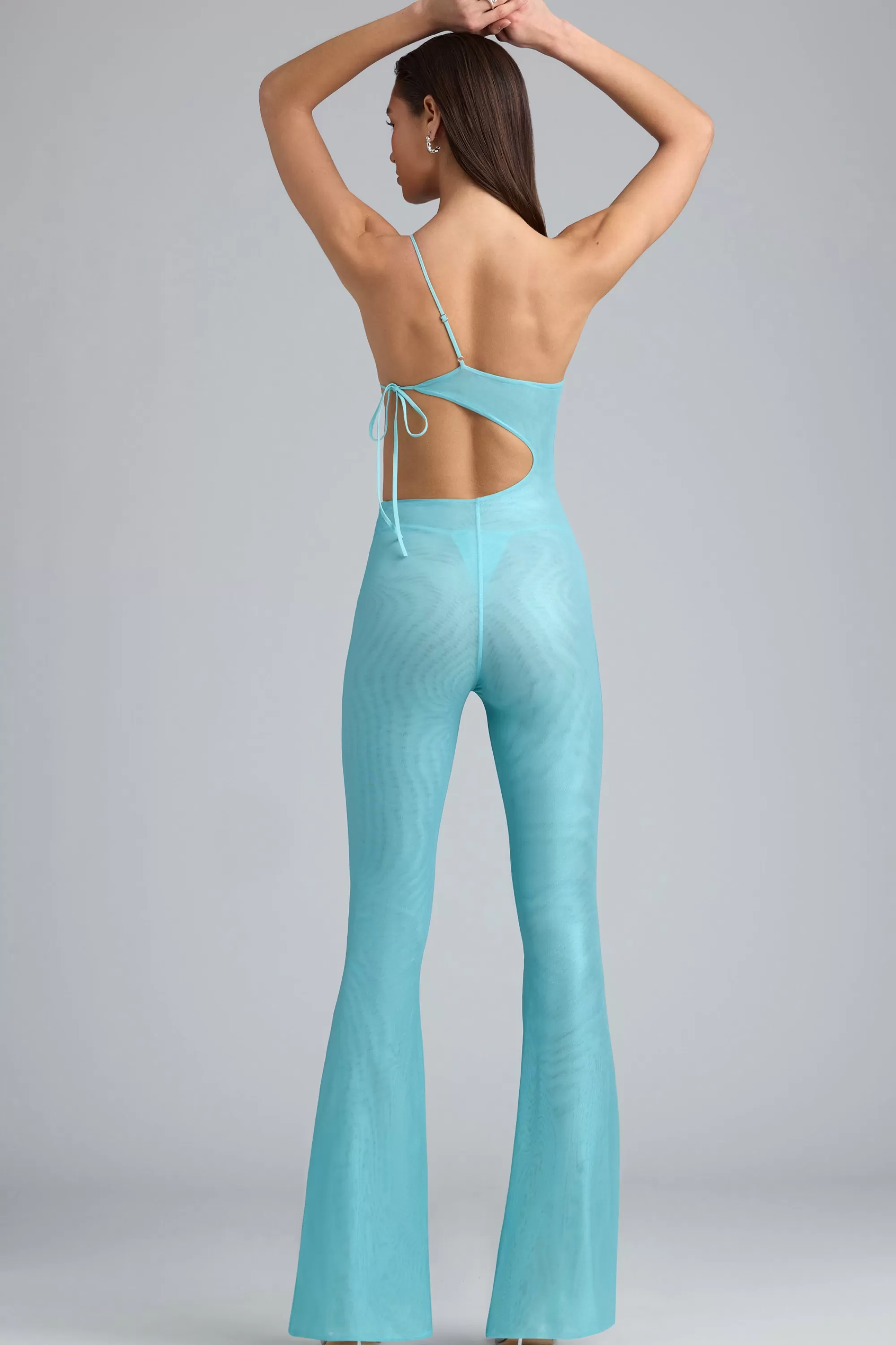 Oh Polly Metallic Ruched Cut-Out Flared Jumpsuit in Ice Blue IceBlue Clearance