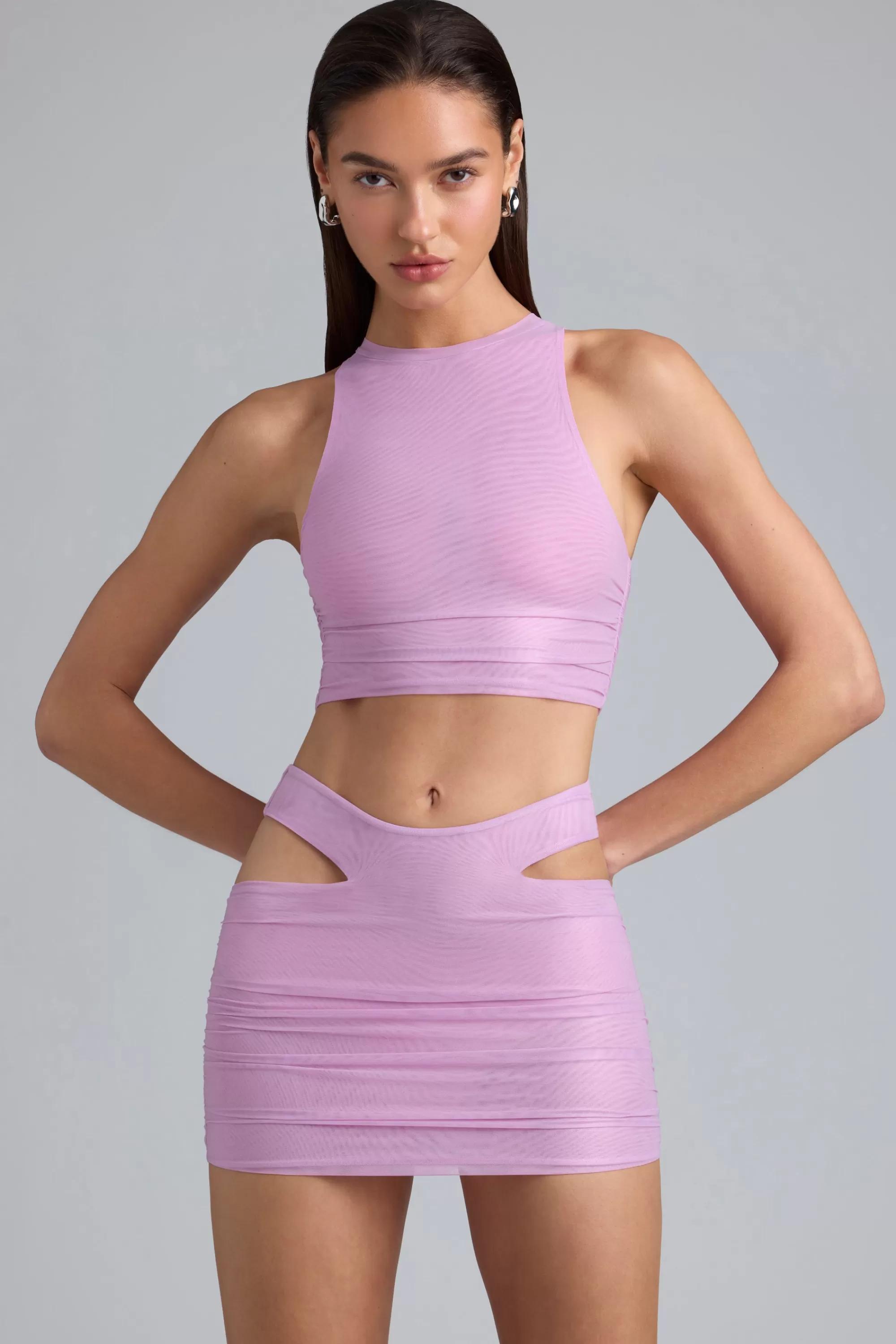 Oh Polly Metallic Ruched High-Neck Top in Violet Pink VioletPink Outlet