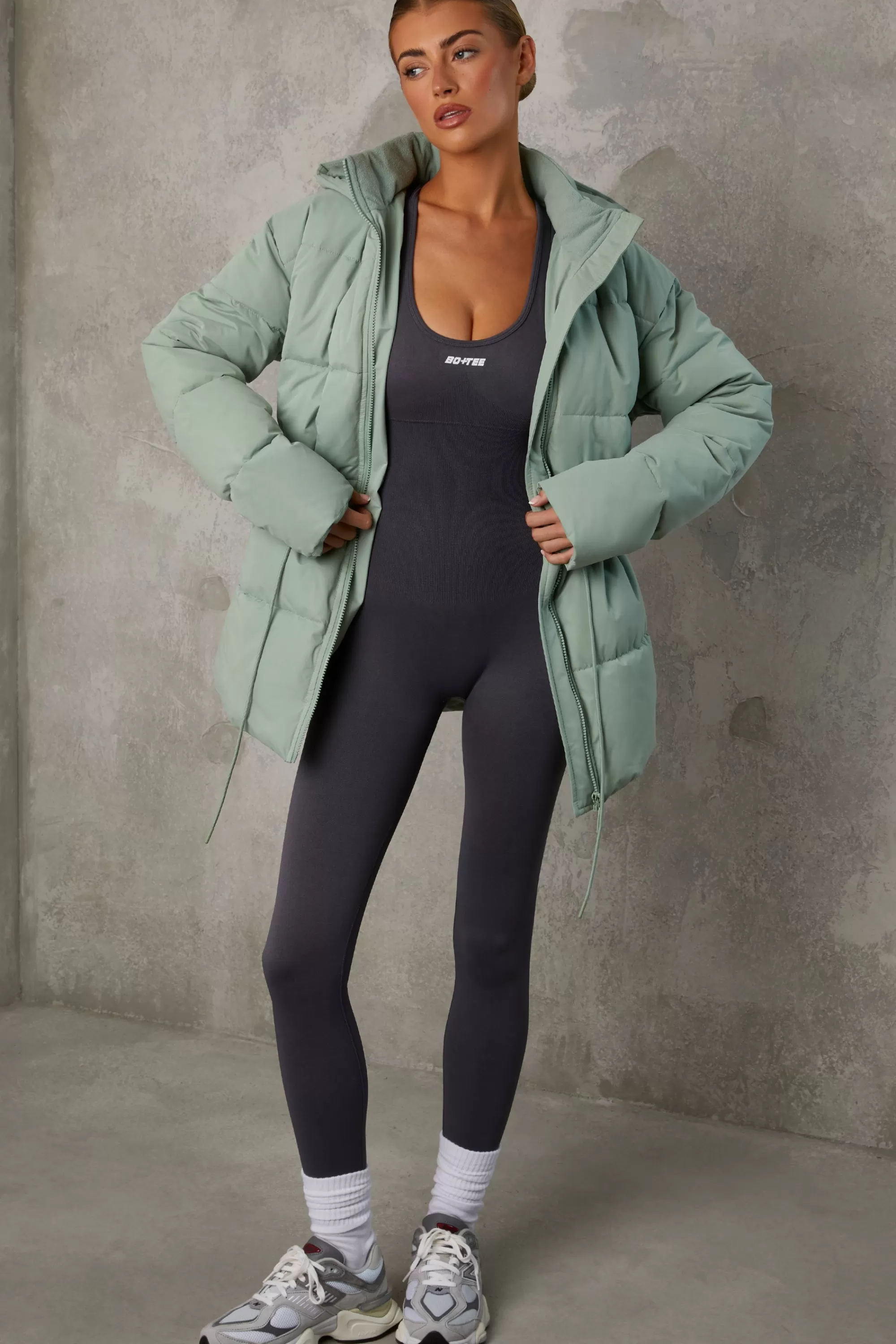 Oh Polly Mid Length Hooded Puffer Coat in Iceberg Green IcebergGreen Sale