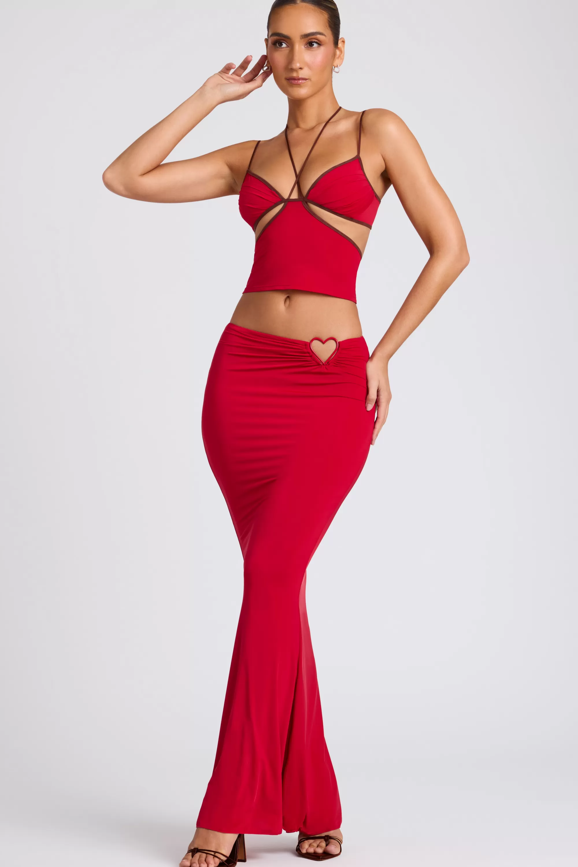 Oh Polly Mid Rise Maxi Skirt in Fire Red FireRed Shop