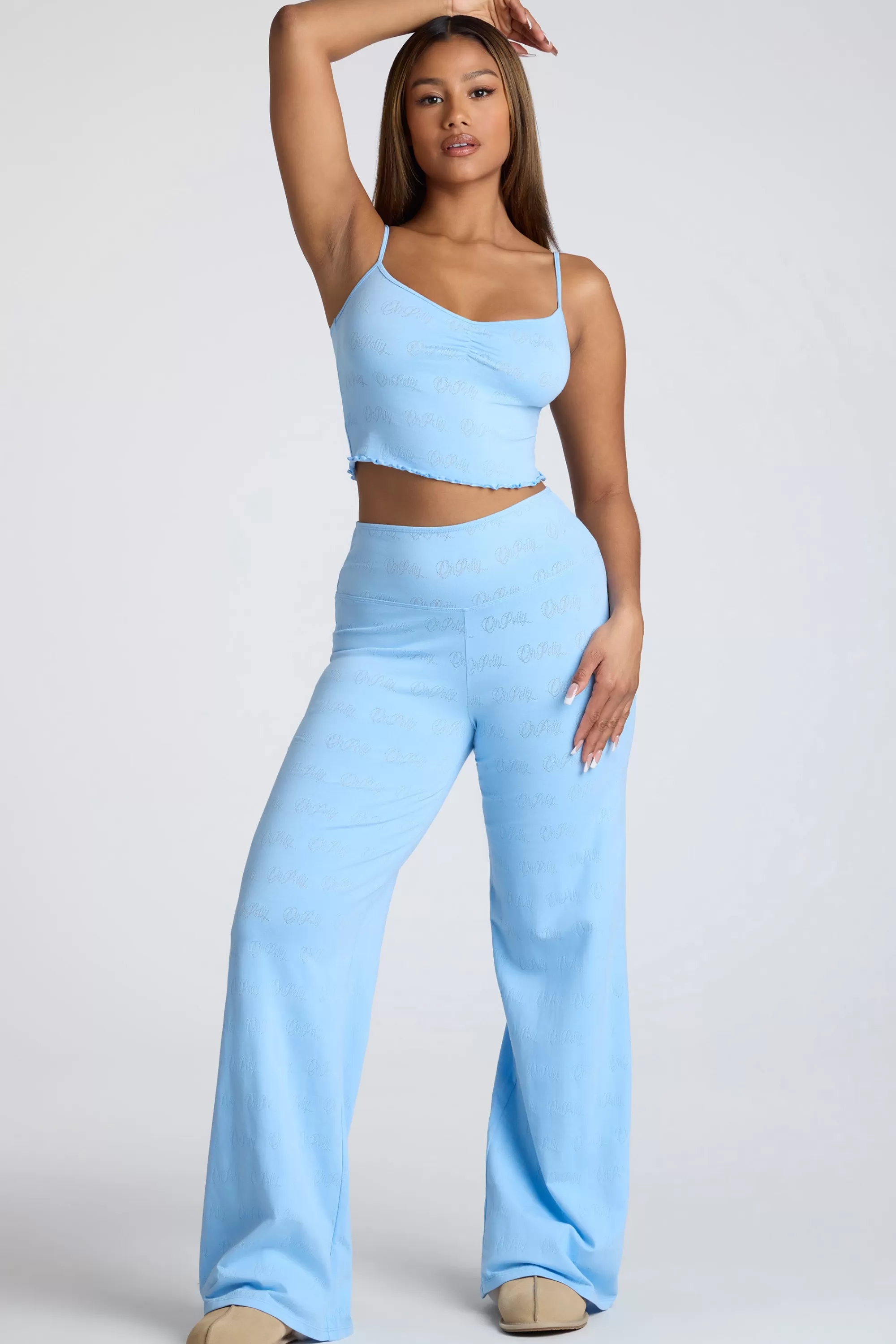 Oh Polly Mid Rise Straight Leg Pointelle Trousers in Baby Blue BabyBlue Best