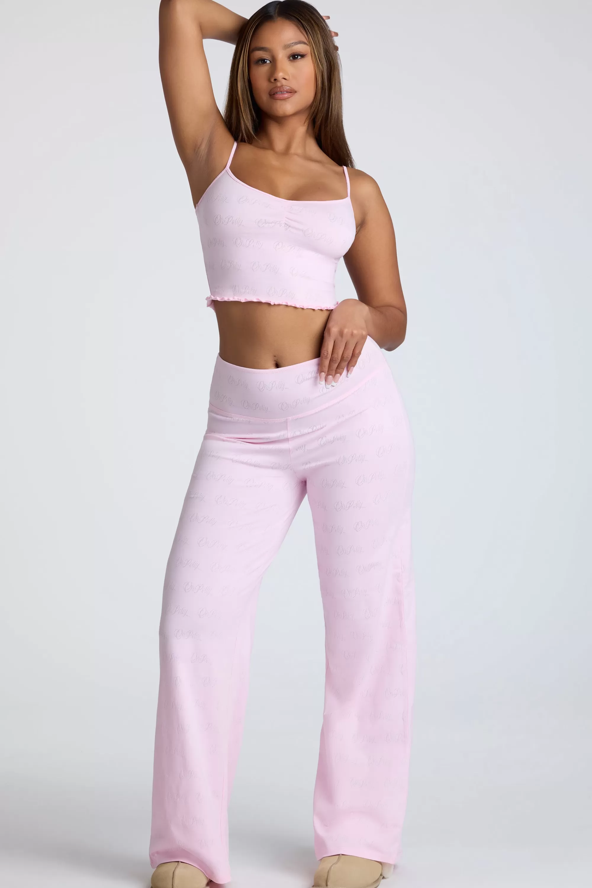 Oh Polly Mid Rise Straight Leg Pointelle Trousers in Baby Pink BabyPink Store