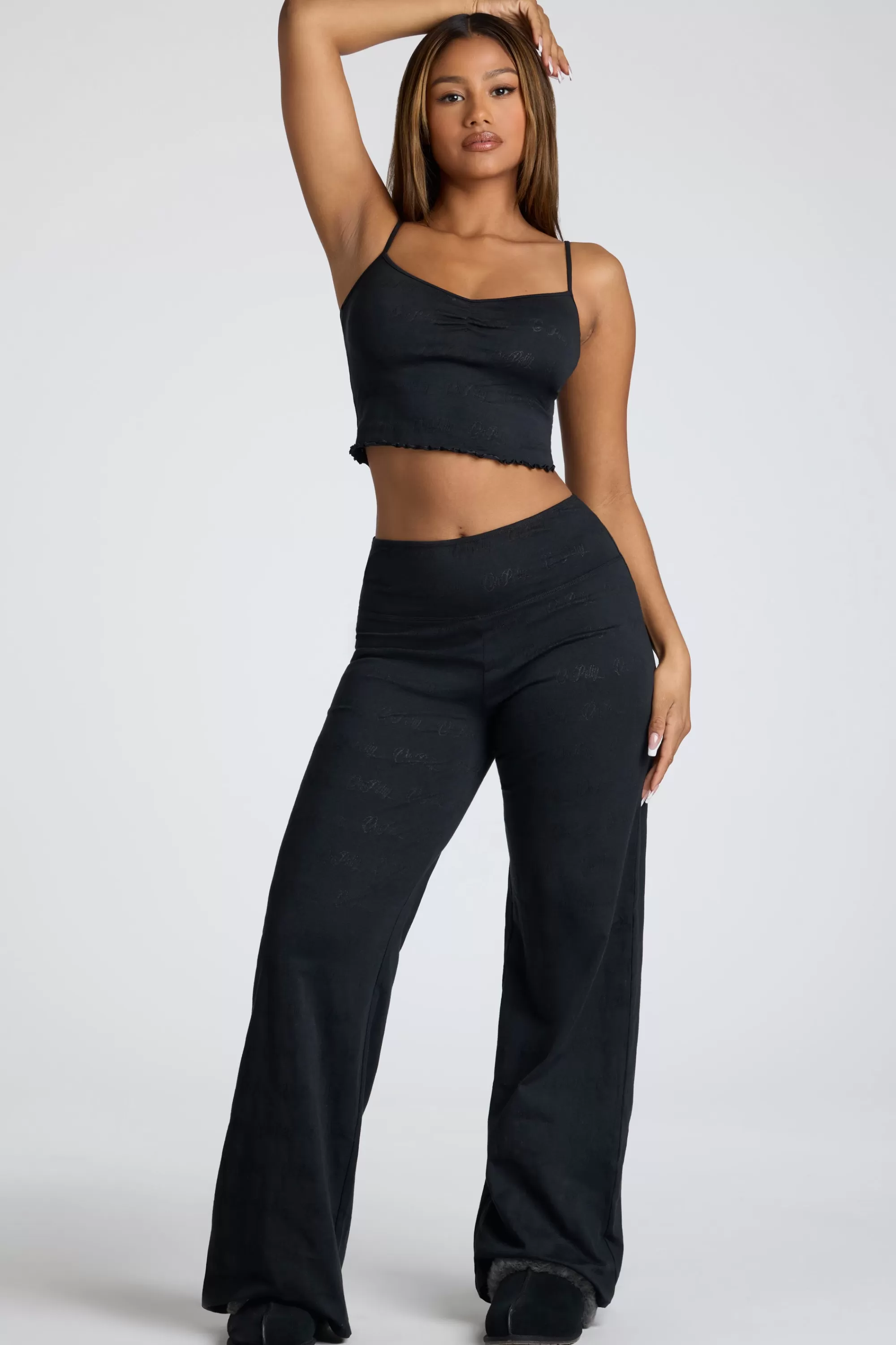 Oh Polly Mid Rise Straight Leg Pointelle Trousers in Black Shop