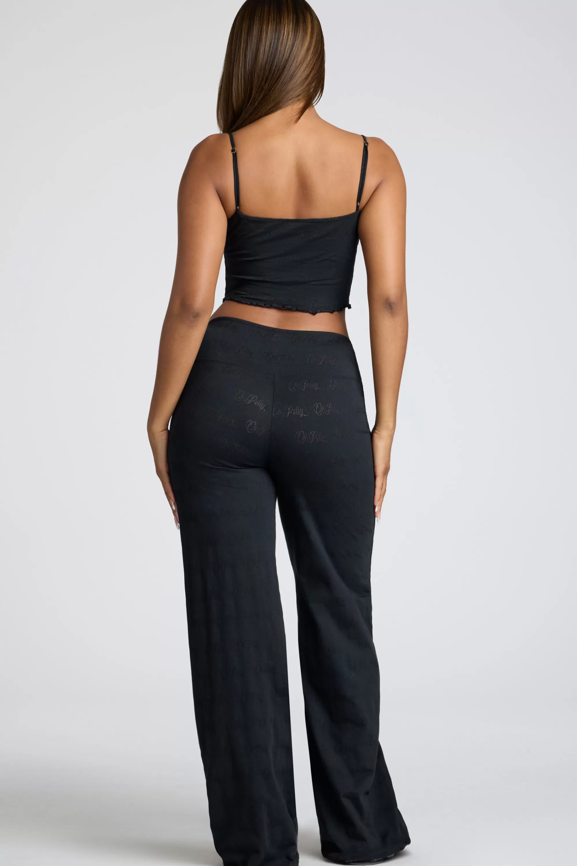 Oh Polly Mid Rise Straight Leg Pointelle Trousers in Black Shop