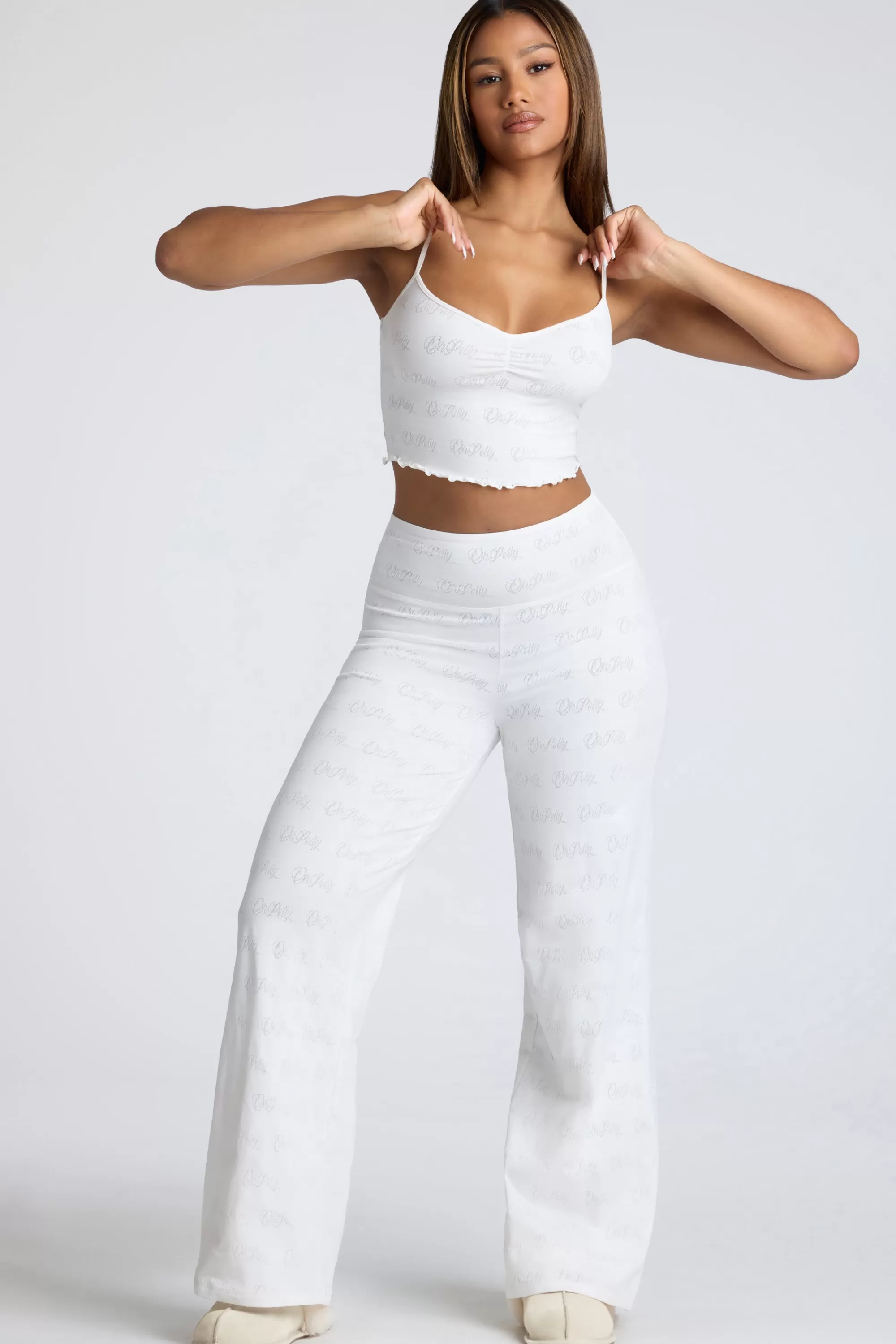 Oh Polly Mid Rise Straight Leg Pointelle Trousers in White Online