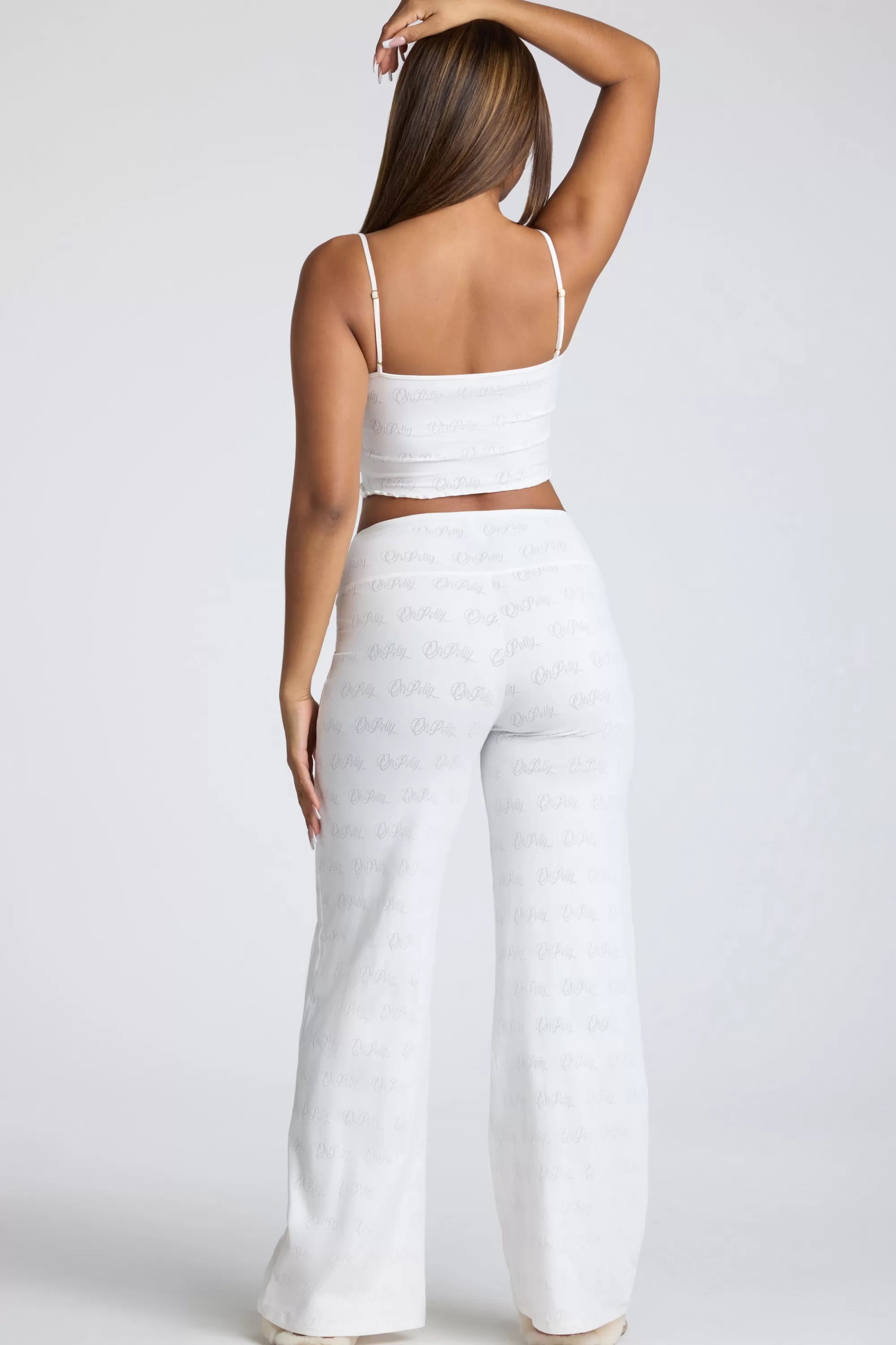 Oh Polly Mid Rise Straight Leg Pointelle Trousers in White Online