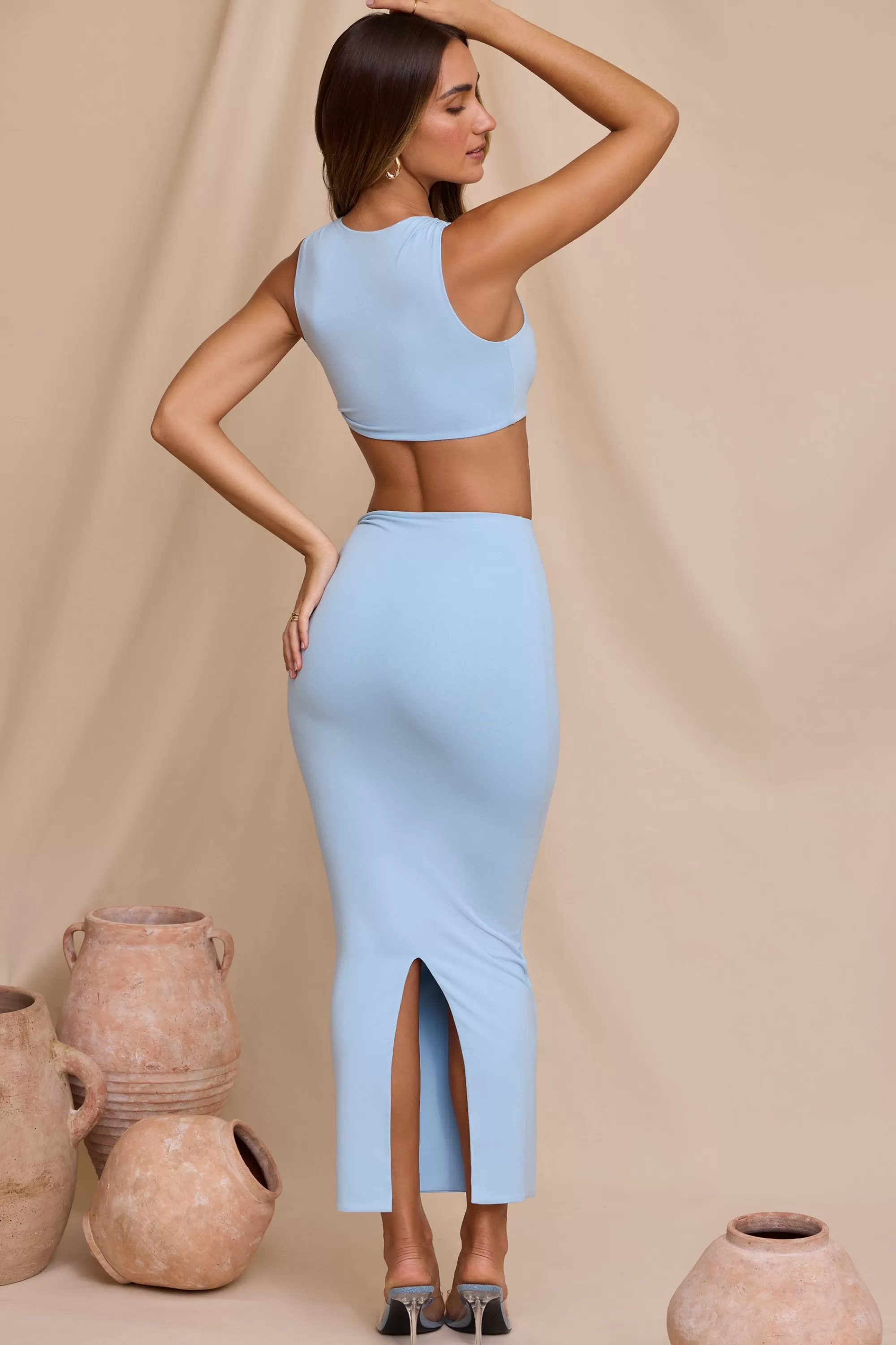 Oh Polly Mid Rise Twist Maxi Skirt in Sky Blue SkyBlue Outlet