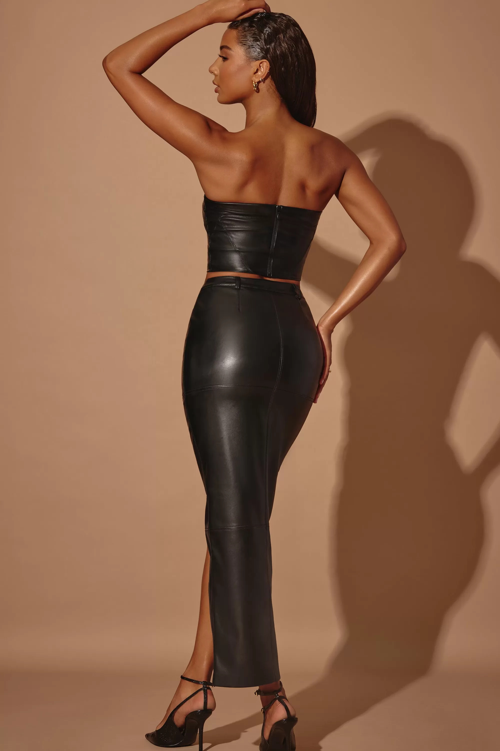 Oh Polly Mid-Rise Vegan Leather Maxi Skirt in Black Best