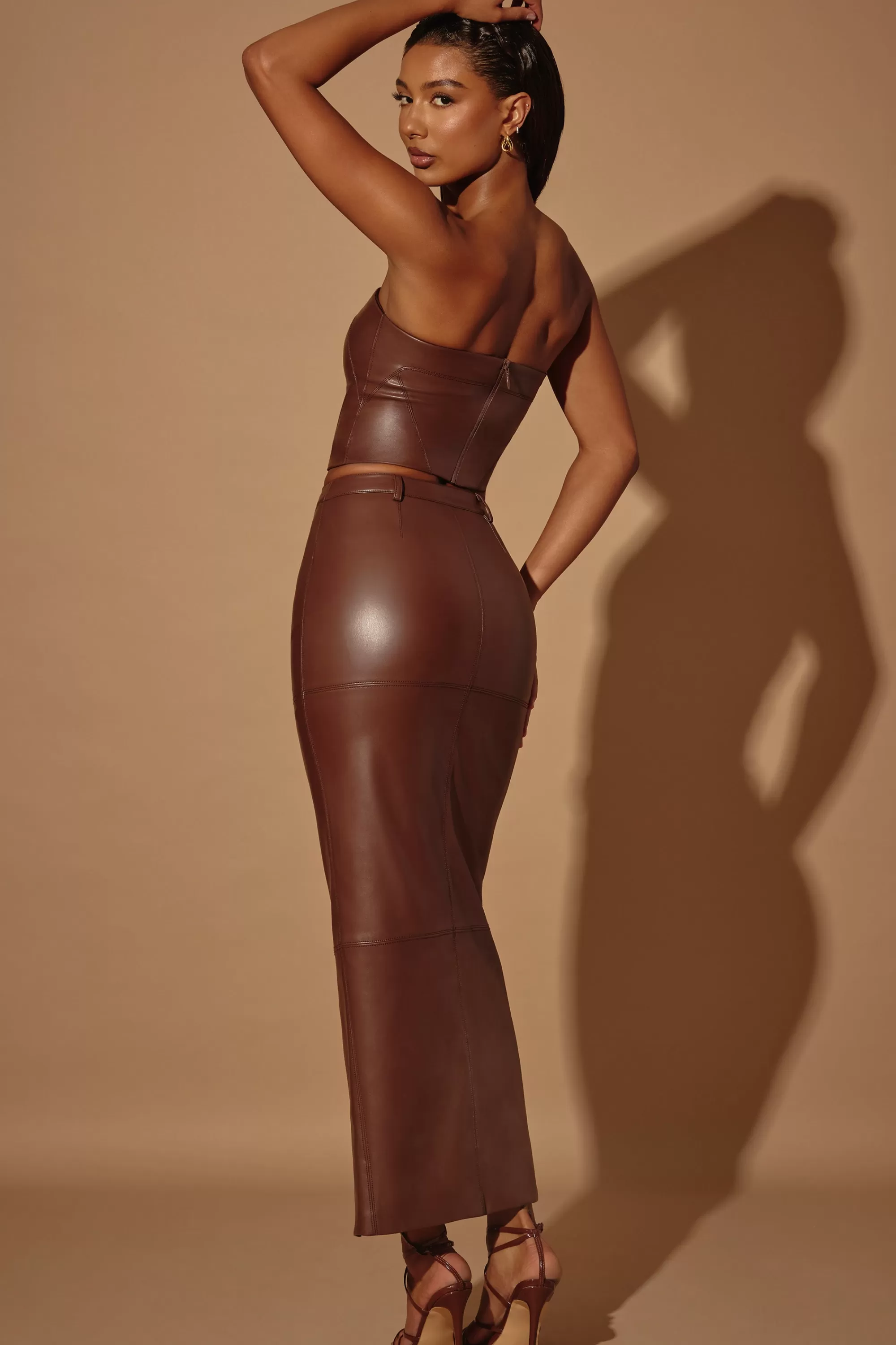 Oh Polly Mid-Rise Vegan Leather Maxi Skirt in Brown Flash Sale